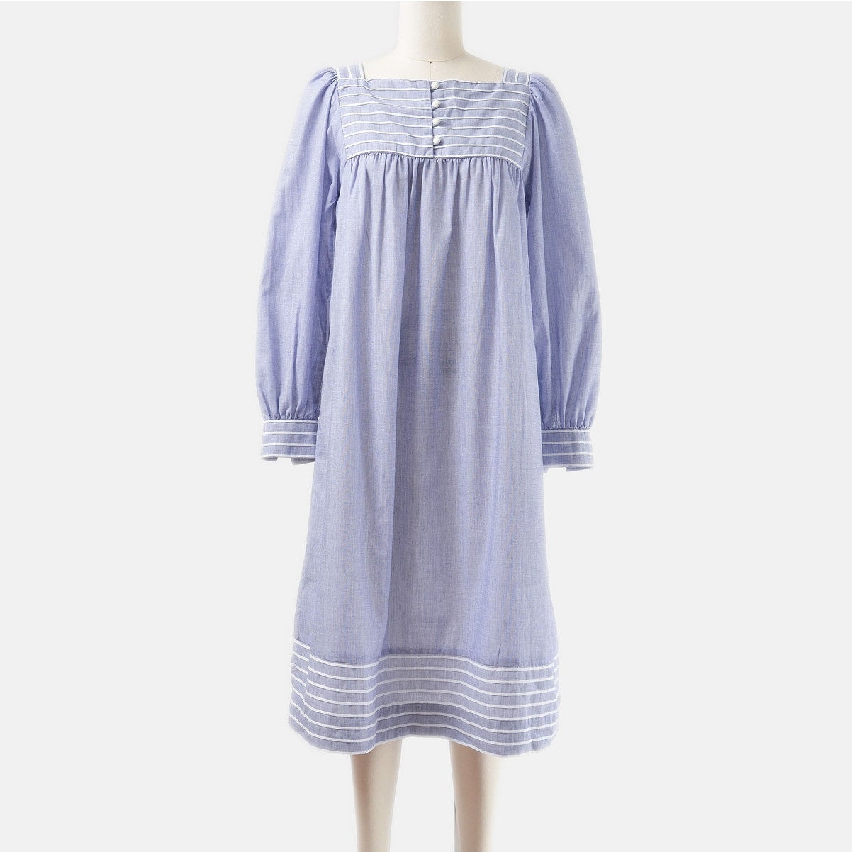 Vintage 80s blue and white striped cotton tent dress with puff sleeves. Front view.