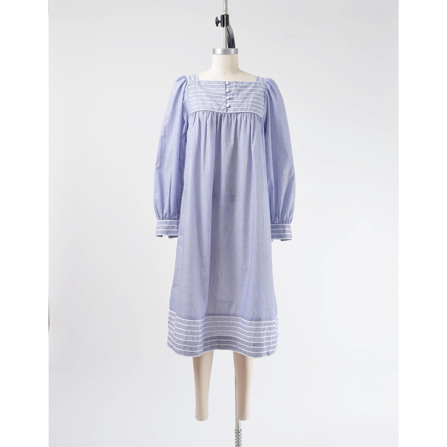 Full front view of Vintage 80s blue and white striped cotton tent dress with puff sleeves.