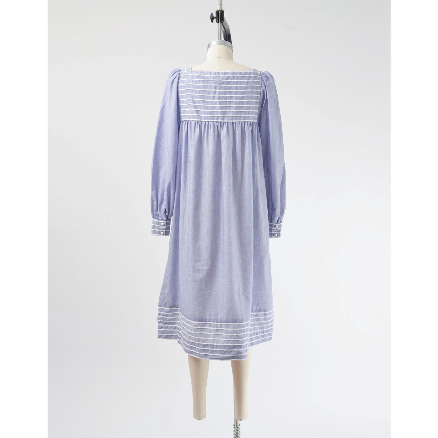 Full back view of 80s blue and white striped cotton tent dress with puff sleeves. Front view.