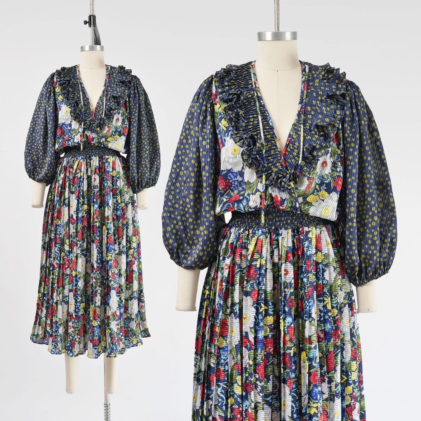 Vintage 80s Diane Freis style floral blouson pleated dress.