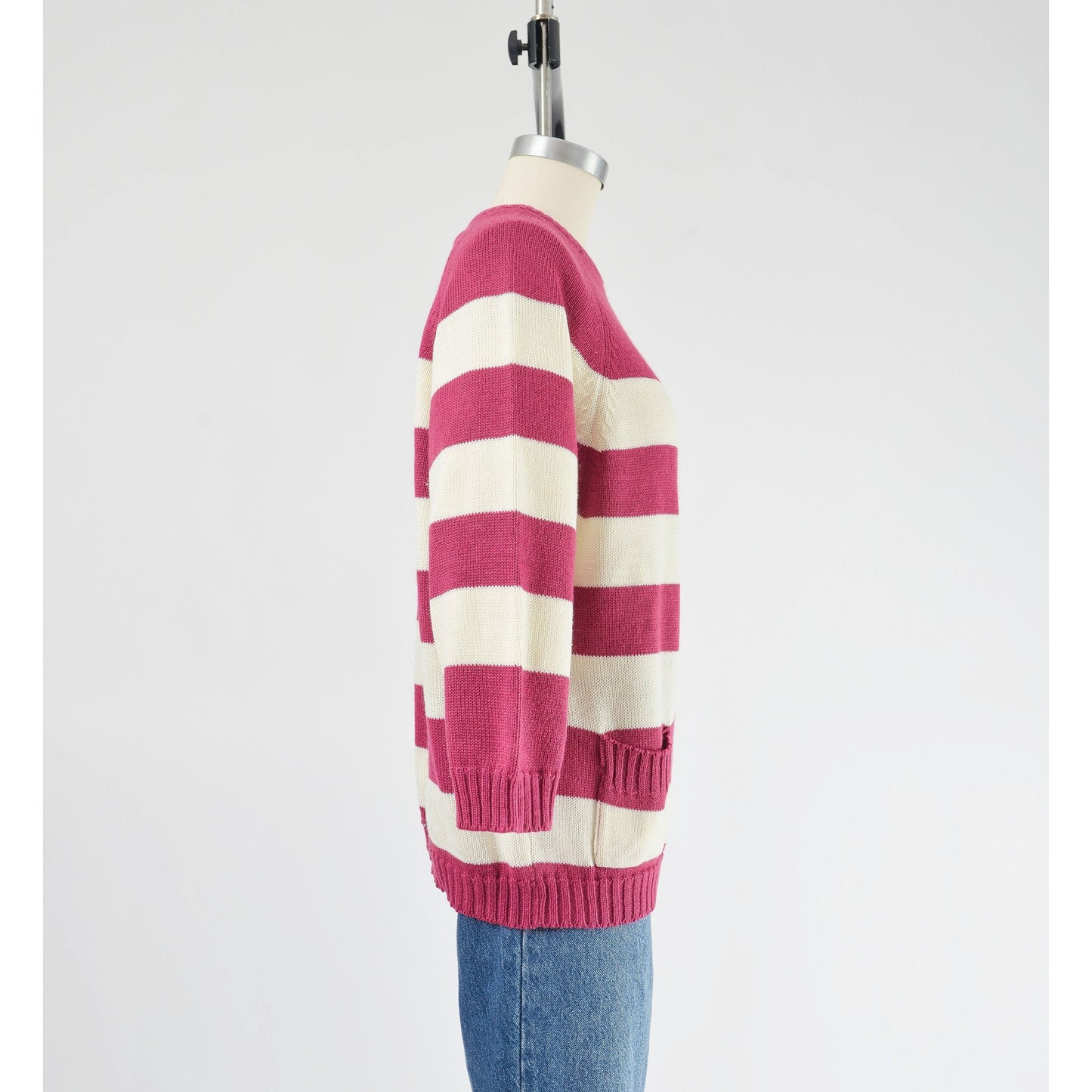 Vintage 80s purple and white striped raglan sweater with pocket.