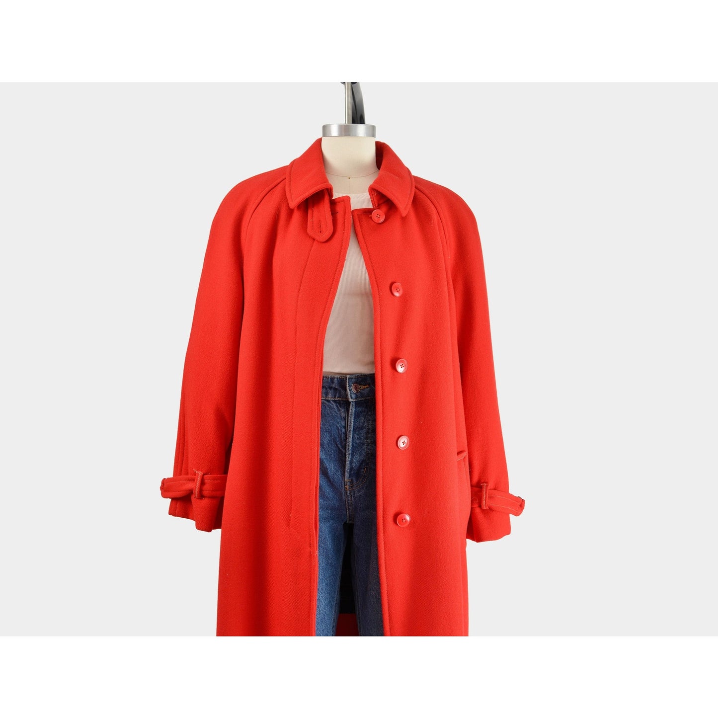 Open neckline view of vintage 80s red wool long full length winter coat.