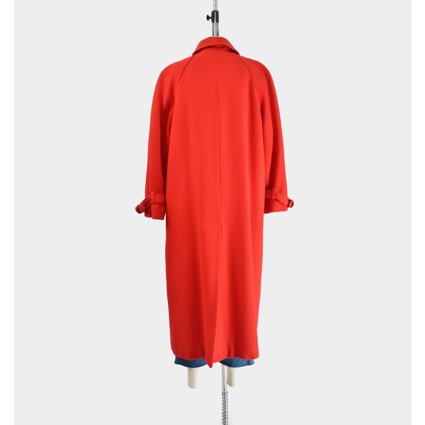 Full back view of vintage 80s red wool long full length winter coat.
