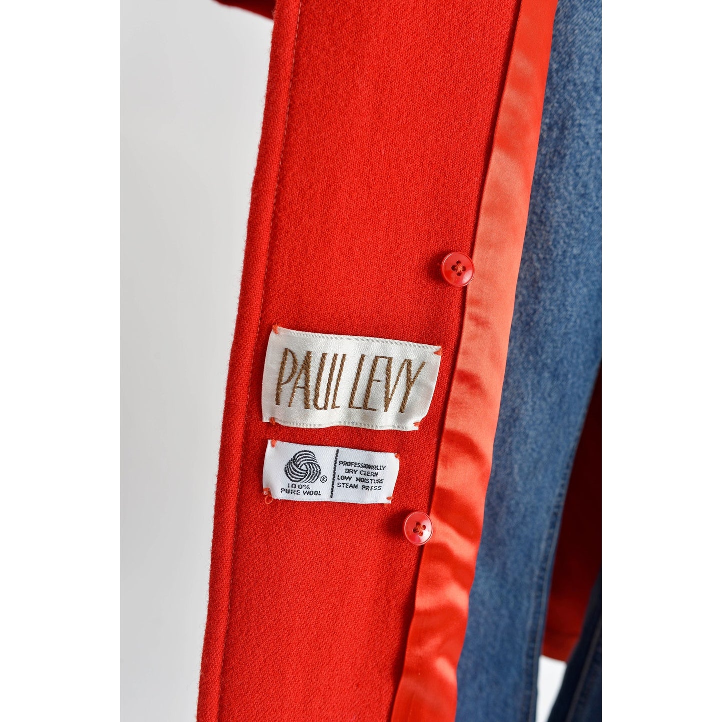 Paul Levy label inside of vintage 80s red wool long full length winter coat.