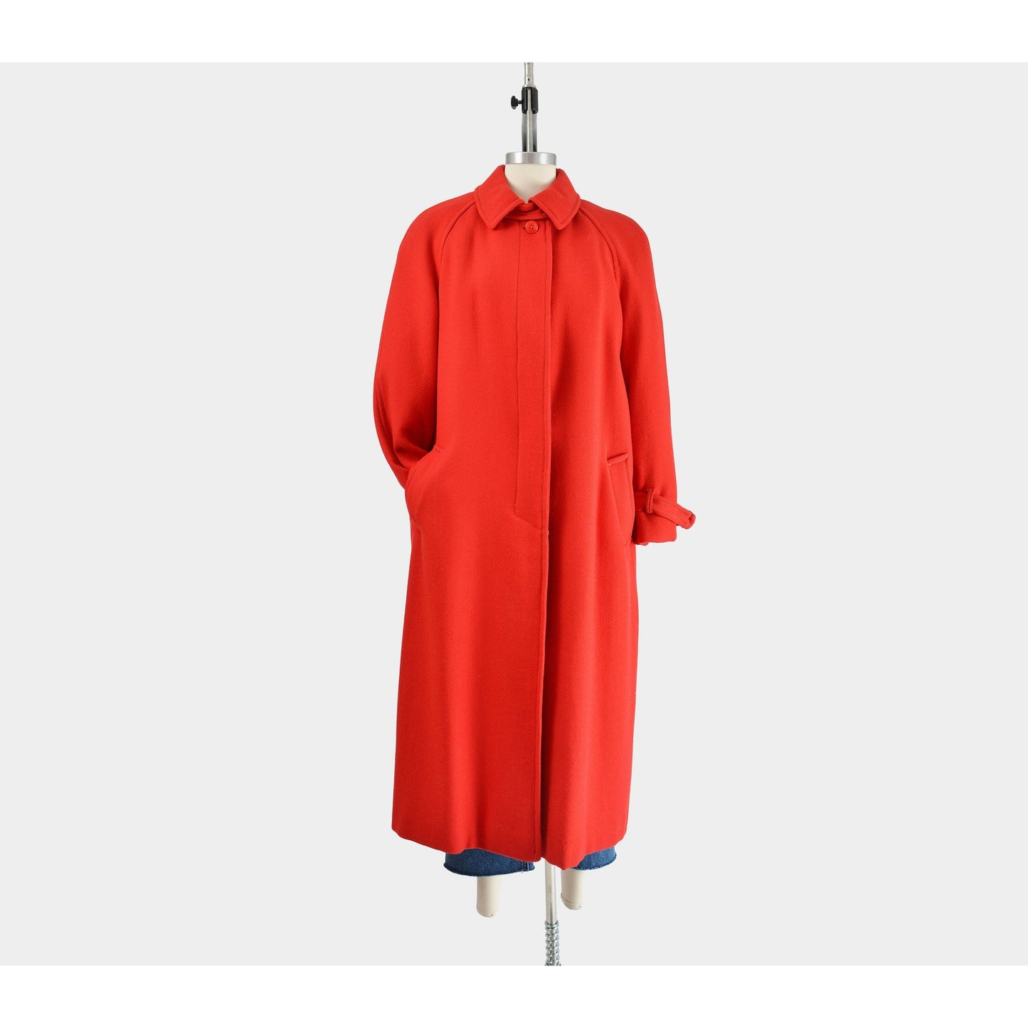 Full front view buttoned up of vintage 80s red wool long full length winter coat.
