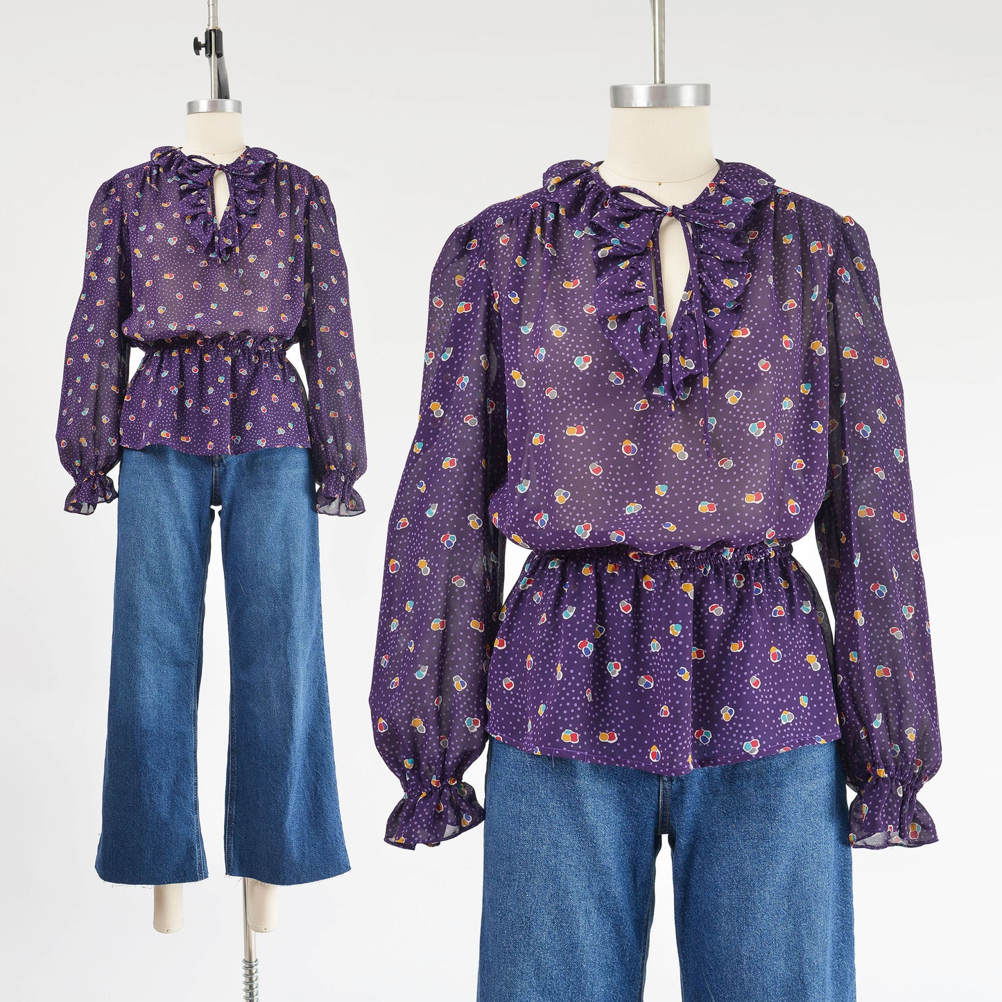 Vintage 80s sheer purple polka dot peplum waist tie neck blouse.