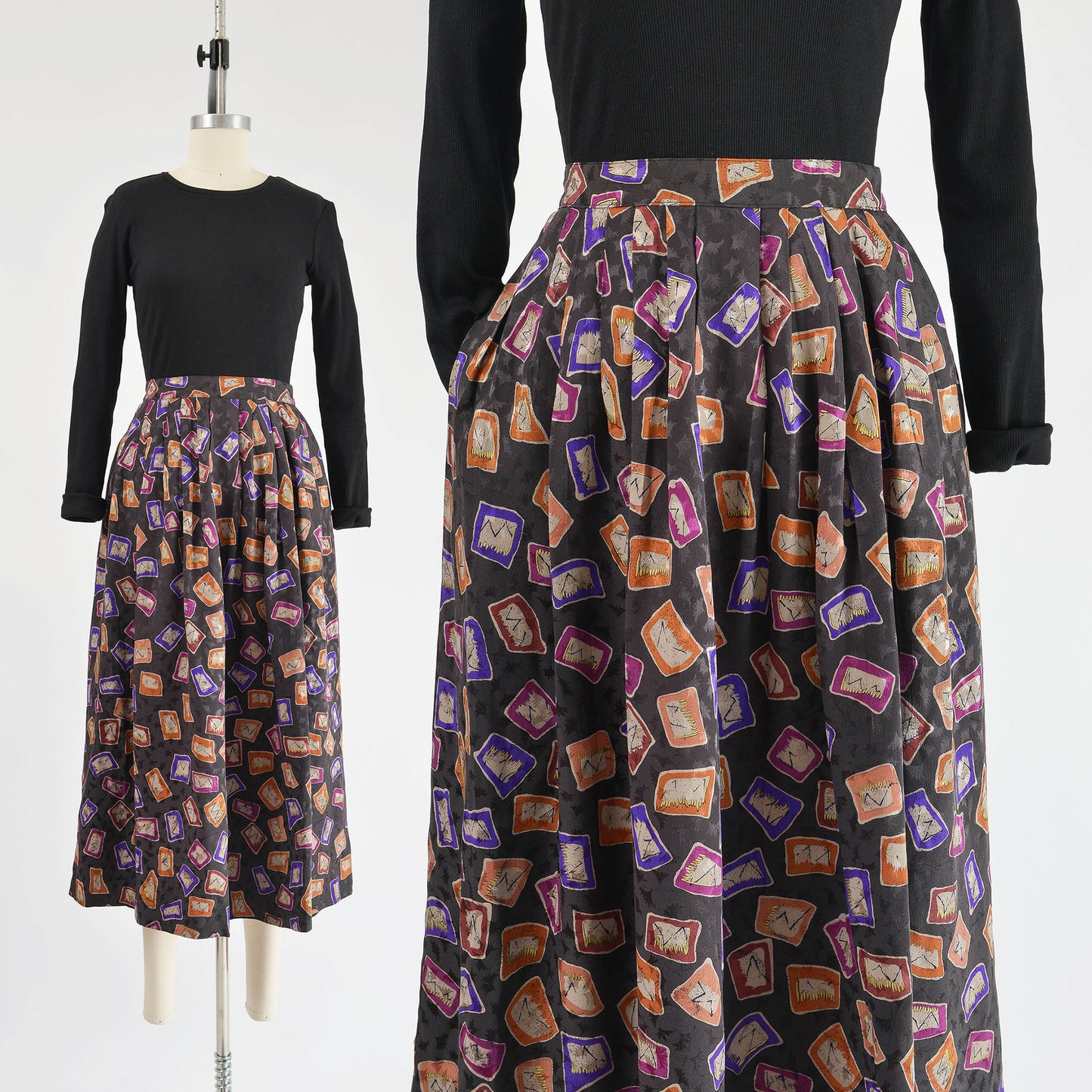 vintage 1980s silk geometric full midi skirt.