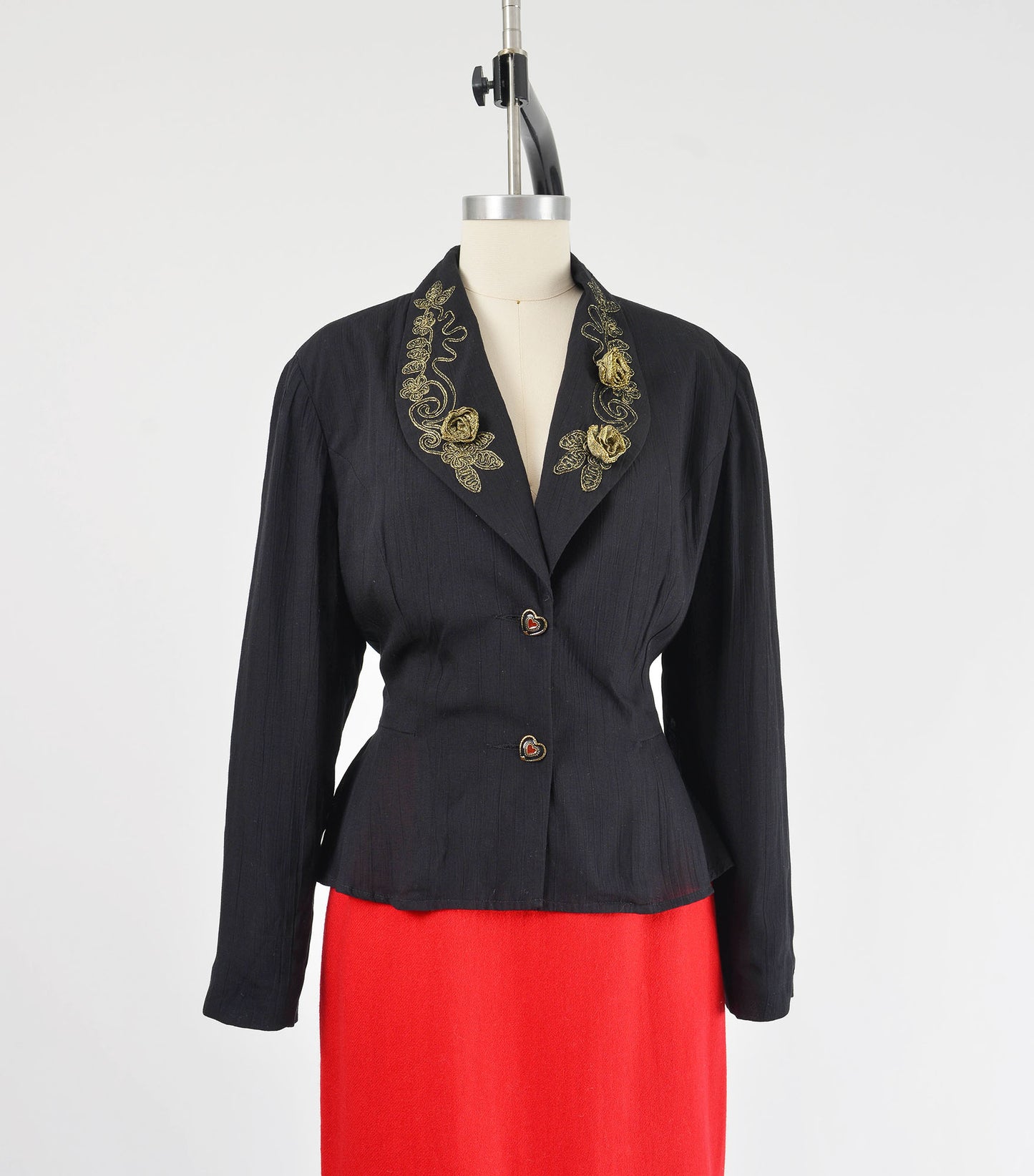 Vintage 90s Carole Little Black Rosette Peplum Waist Jacket with Hearts