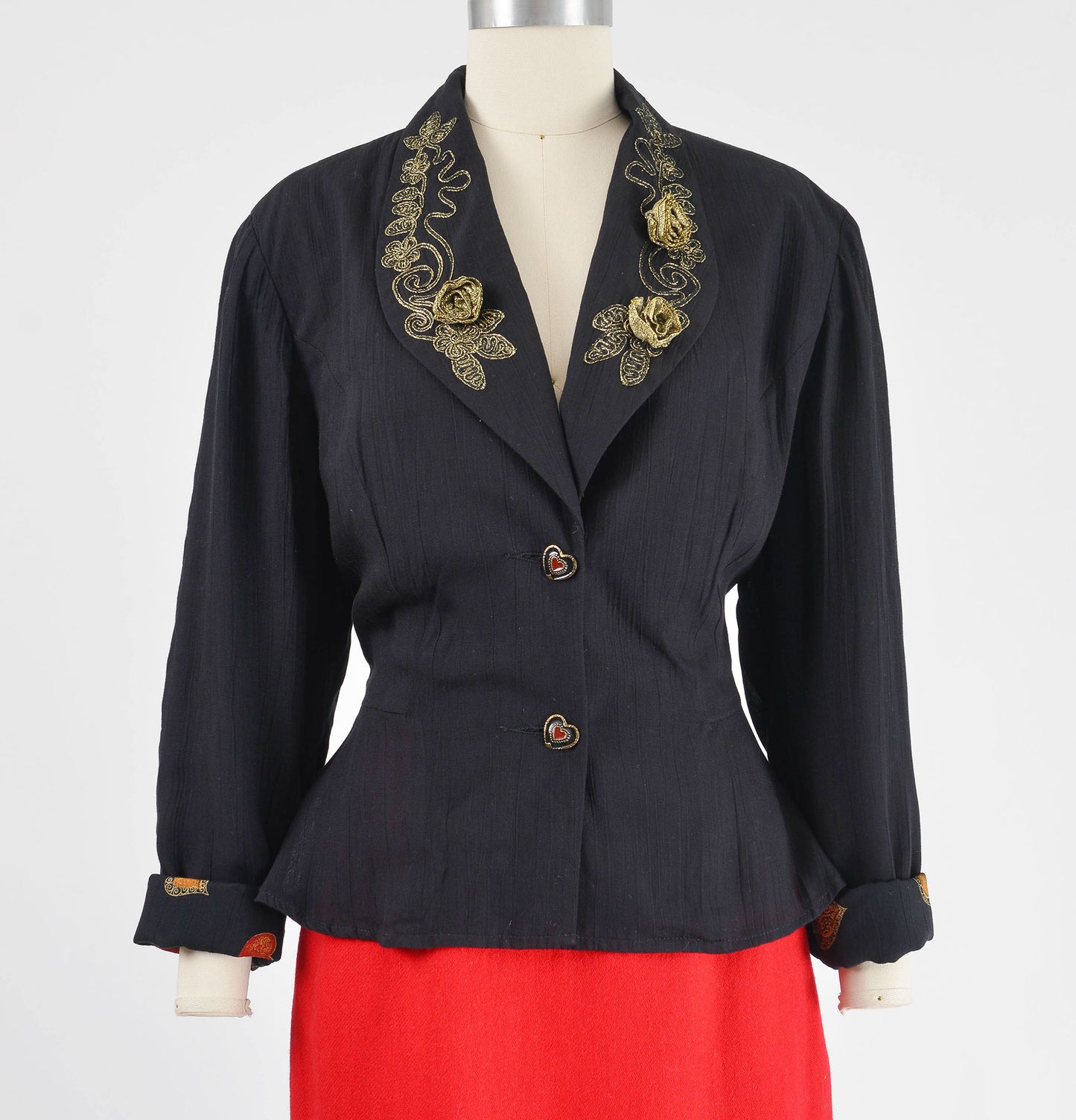 Vintage 90s Carole Little Black Rosette Peplum Waist Jacket with Hearts