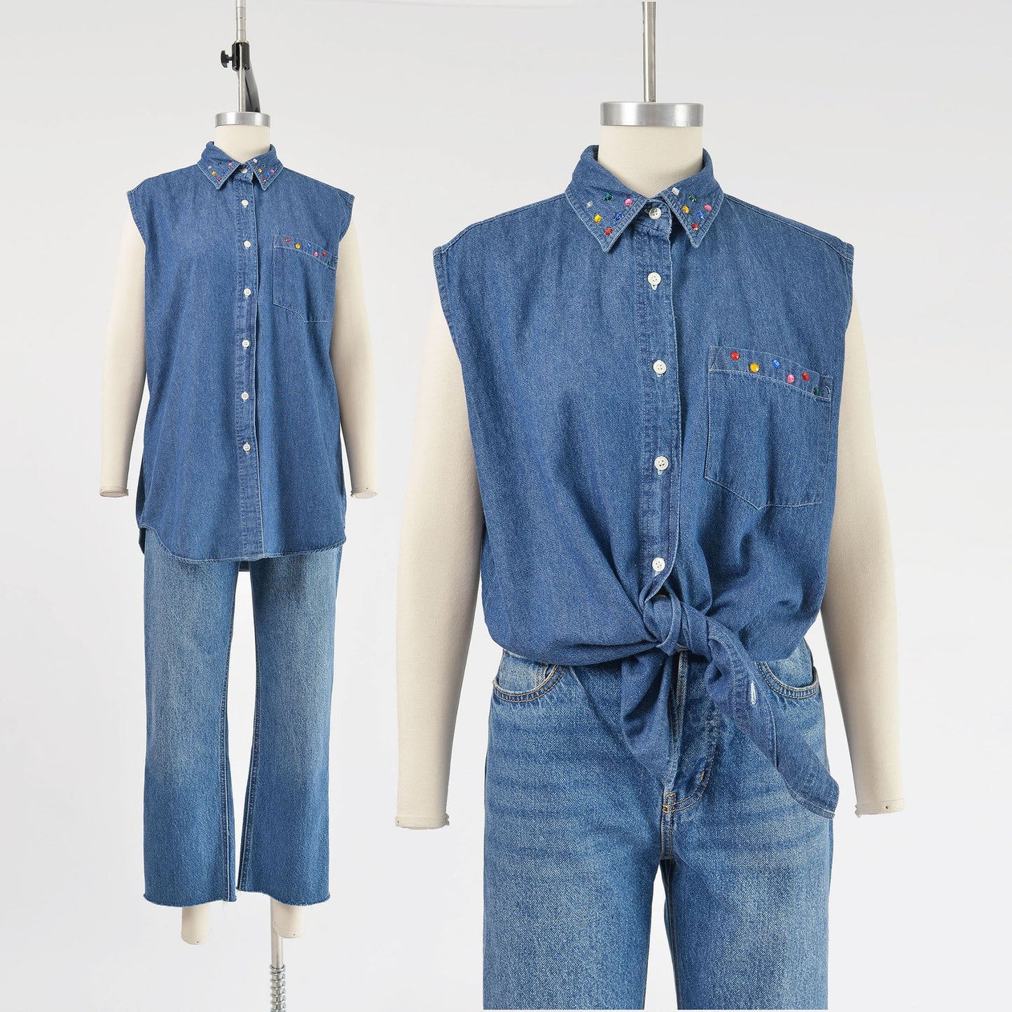 vintage 1990s denim cotton sleeveless collared shirt with rhinestones.