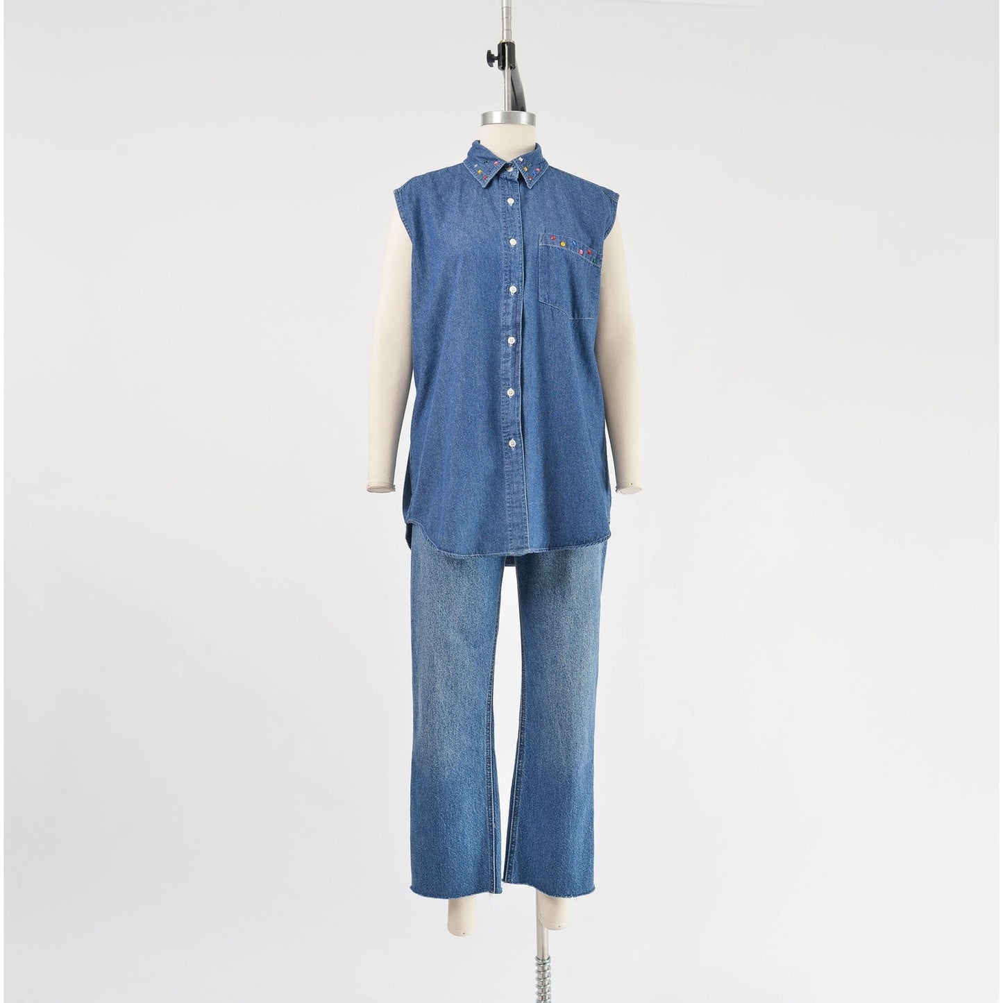 vintage 1990s denim cotton sleeveless collared shirt with rhinestones.