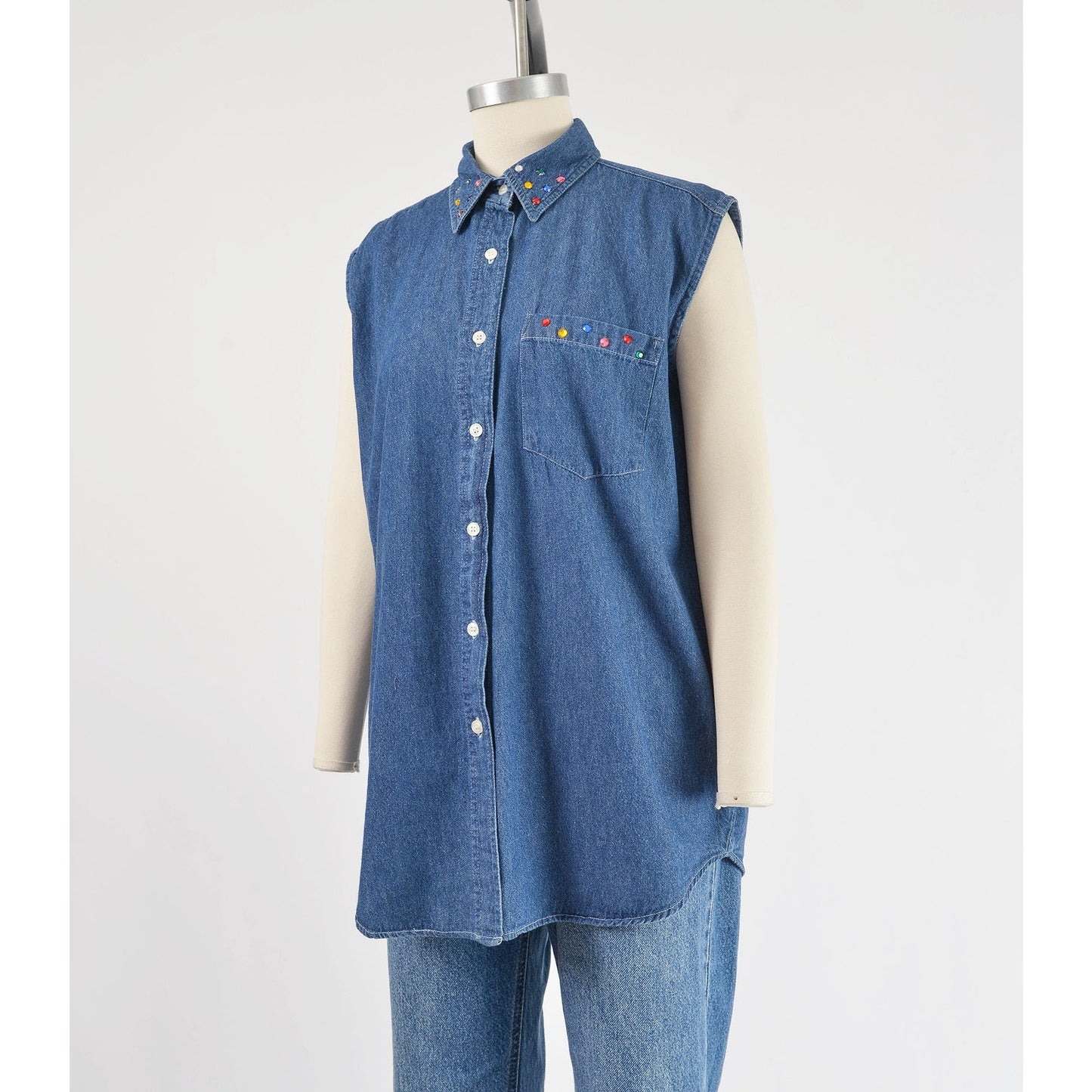 vintage 1990s denim cotton sleeveless collared shirt with rhinestones.