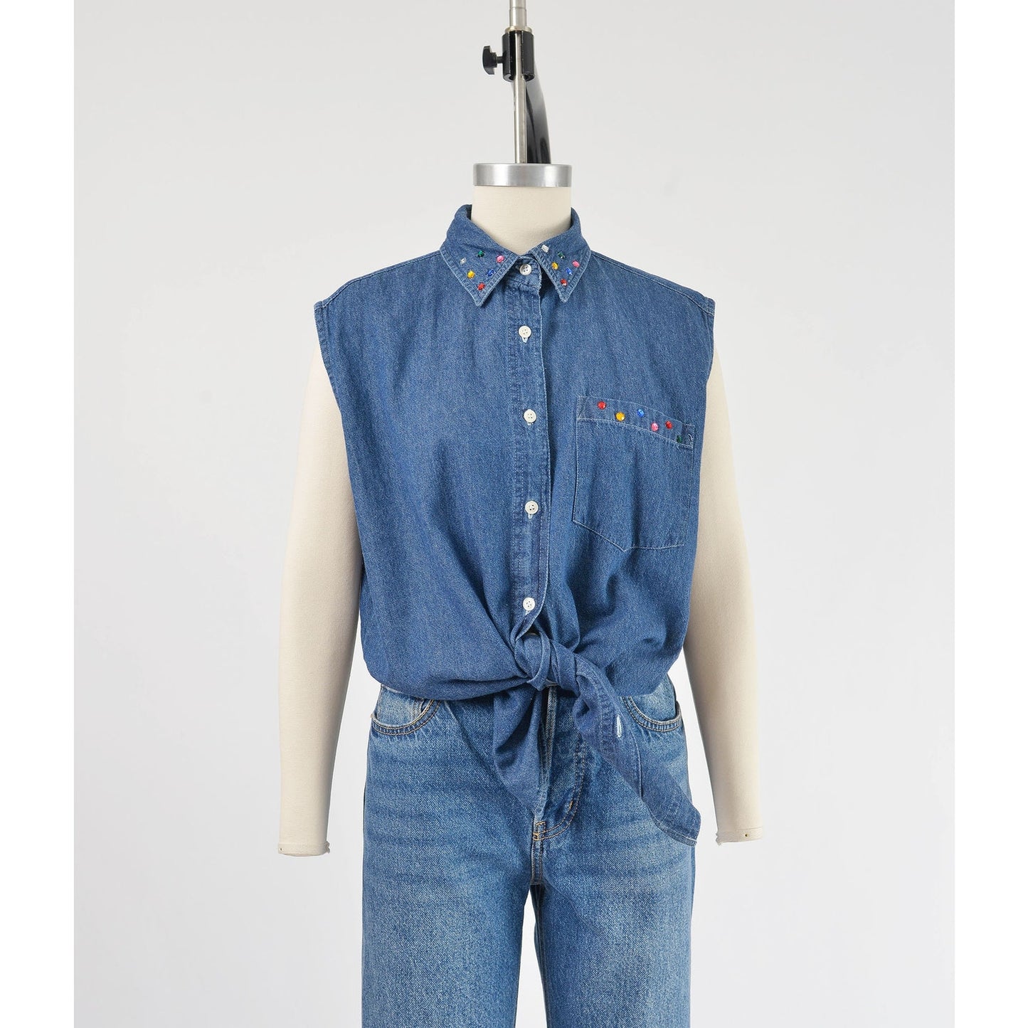 vintage 1990s denim cotton sleeveless collared shirt with rhinestones.