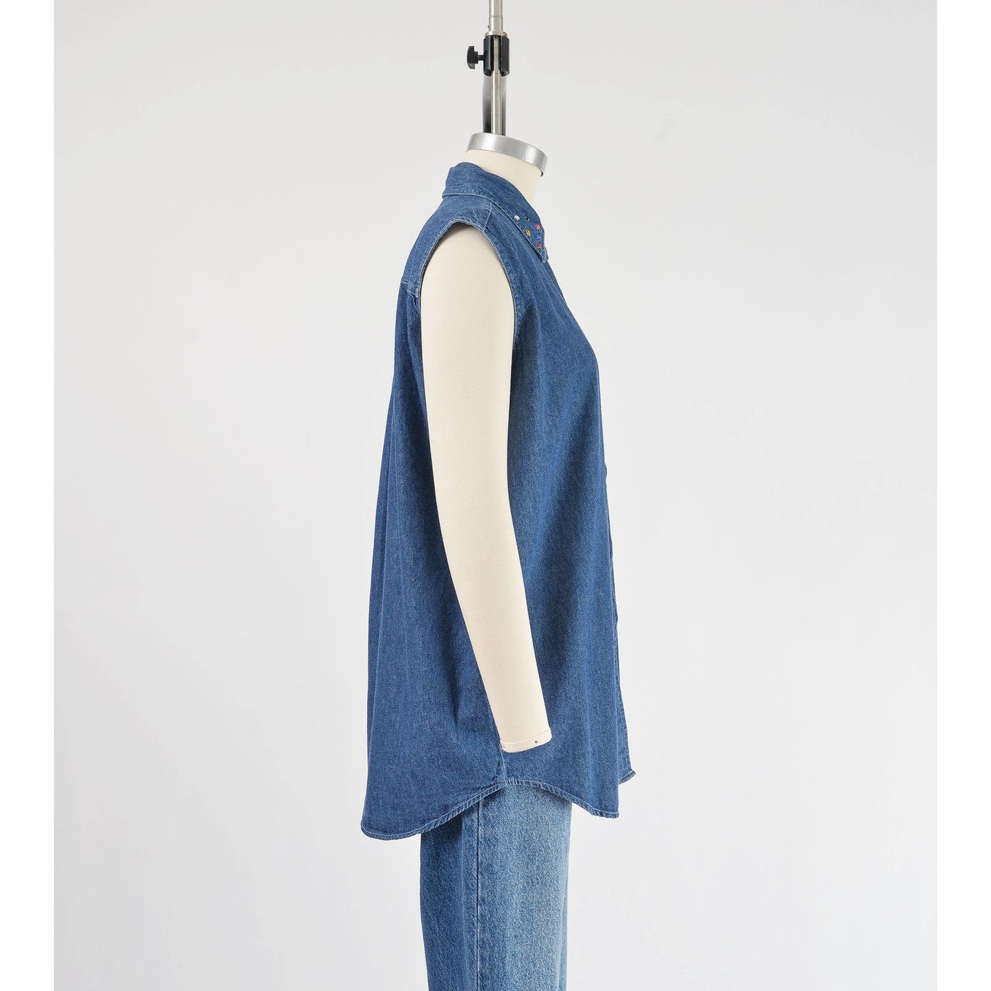 vintage 1990s denim cotton sleeveless collared shirt with rhinestones.