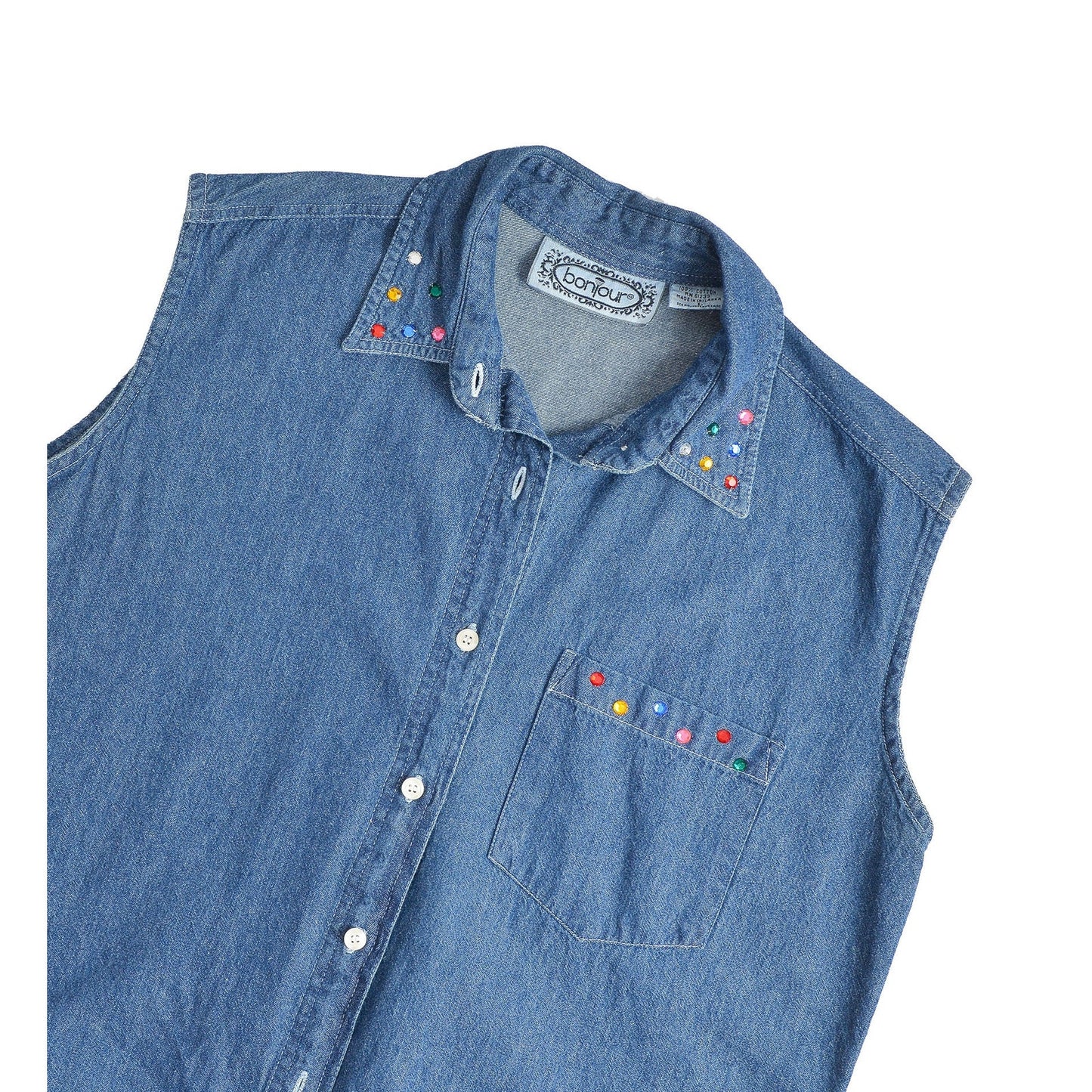 vintage 1990s denim cotton sleeveless collared shirt with rhinestones. Flat view.