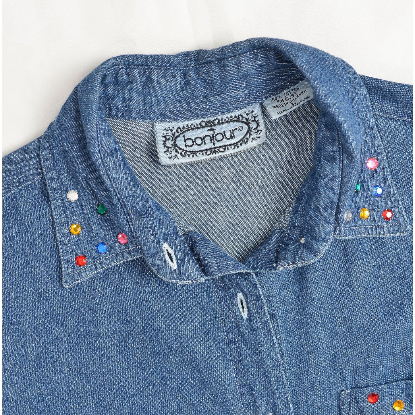 vintage 1990s denim cotton sleeveless collared shirt with rhinestones. Bonjour label.