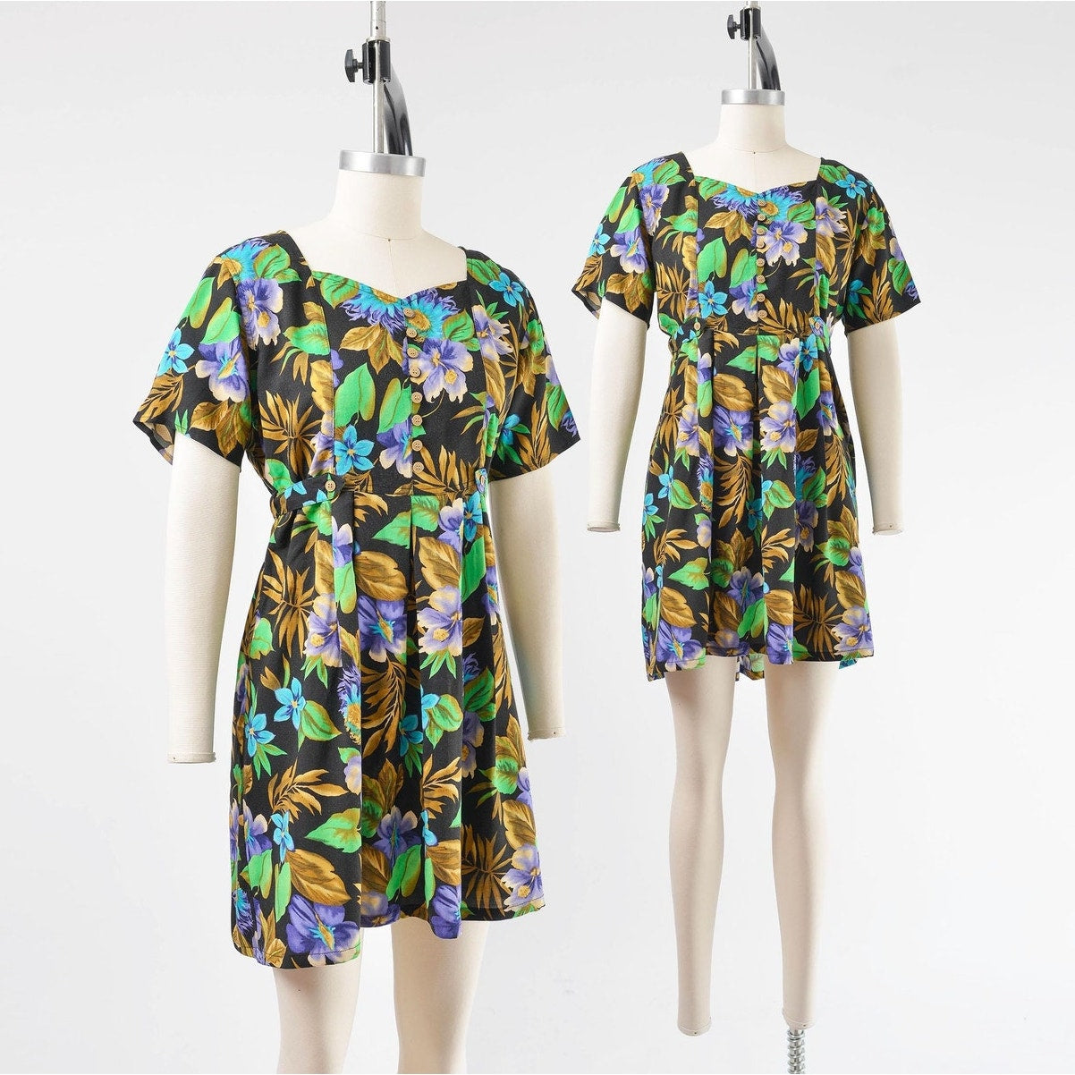 Side by side view of vintage 90's floral Hawaiian print babydoll dress.