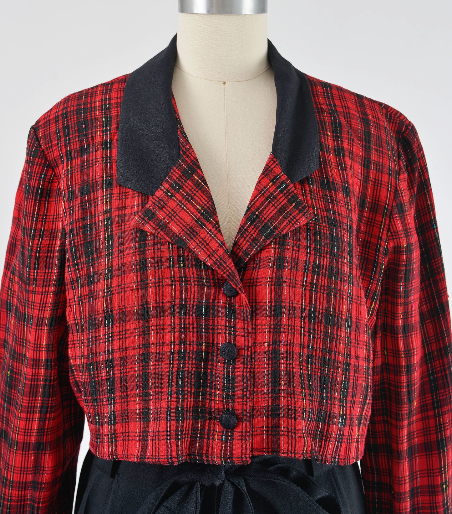 vintage 1990s red and black plaid cropped shirt romper. Top view.