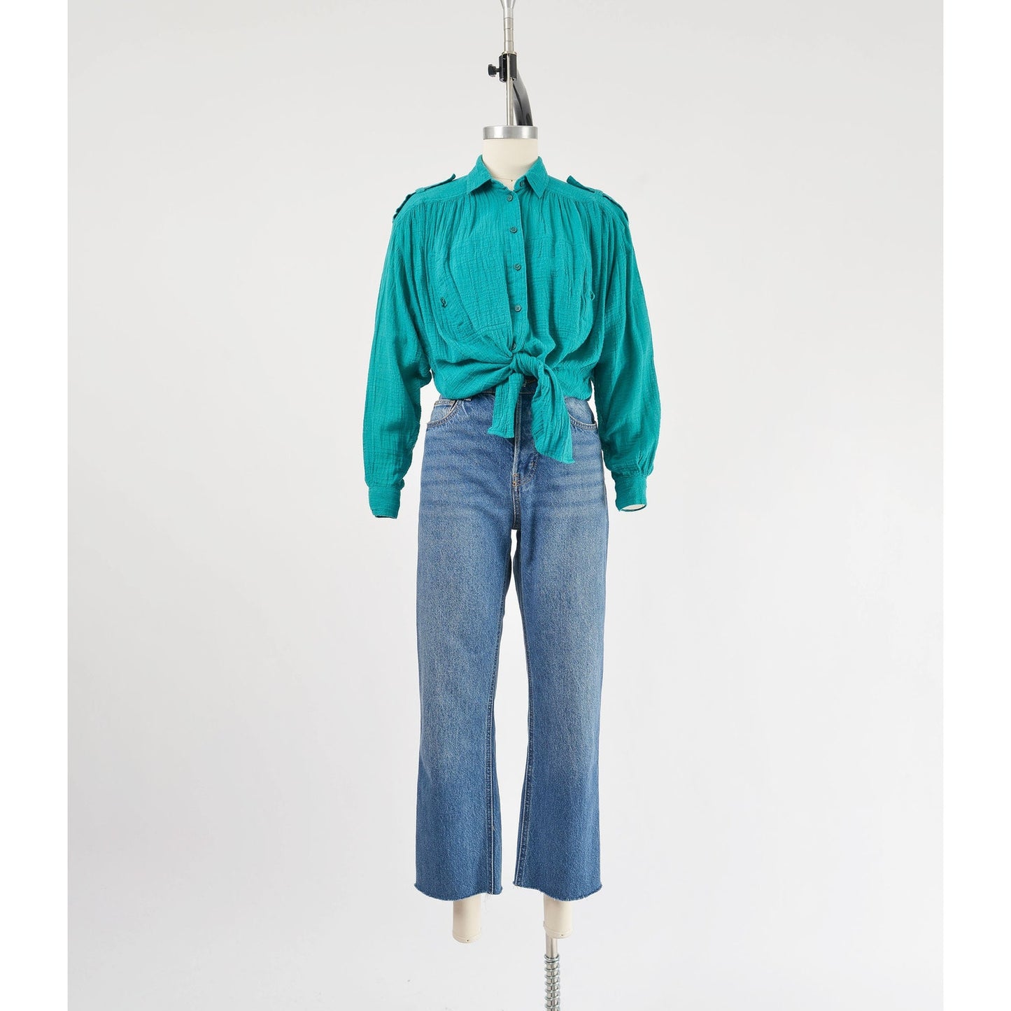 Vintage 90s Teal Cotton Gauze Blouse Collared Button Down Bohemian Shirt