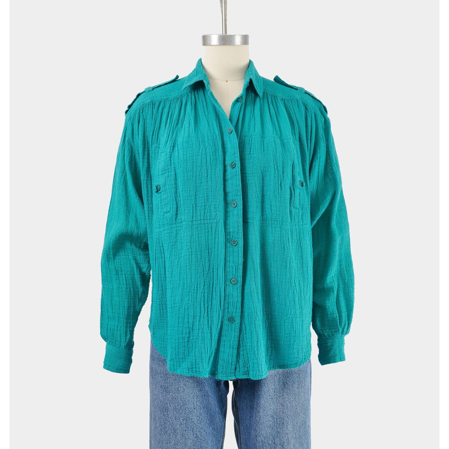 Vintage 90s Teal Cotton Gauze Blouse Collared Button Down Bohemian Shirt
