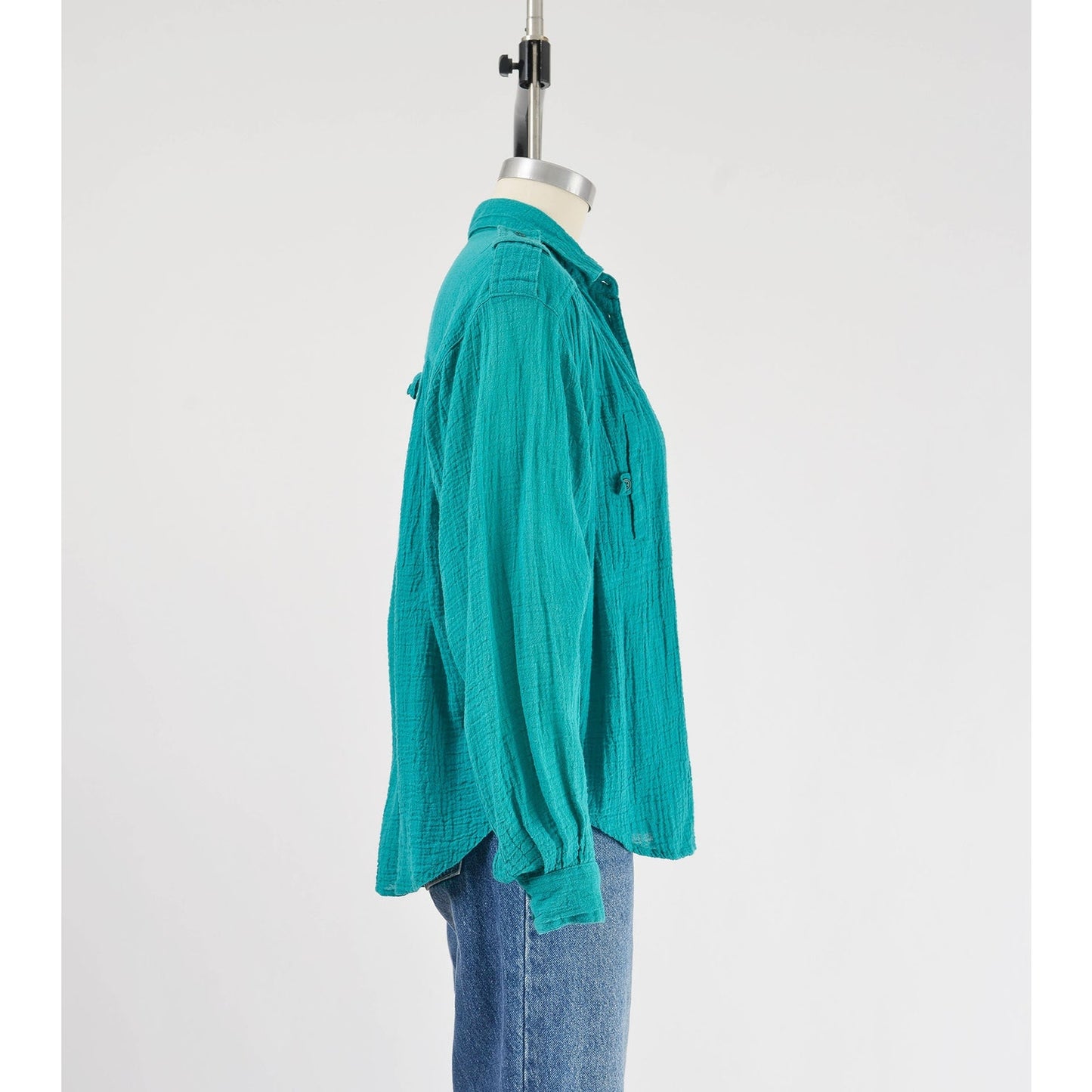 Vintage 90s Teal Cotton Gauze Blouse Collared Button Down Bohemian Shirt
