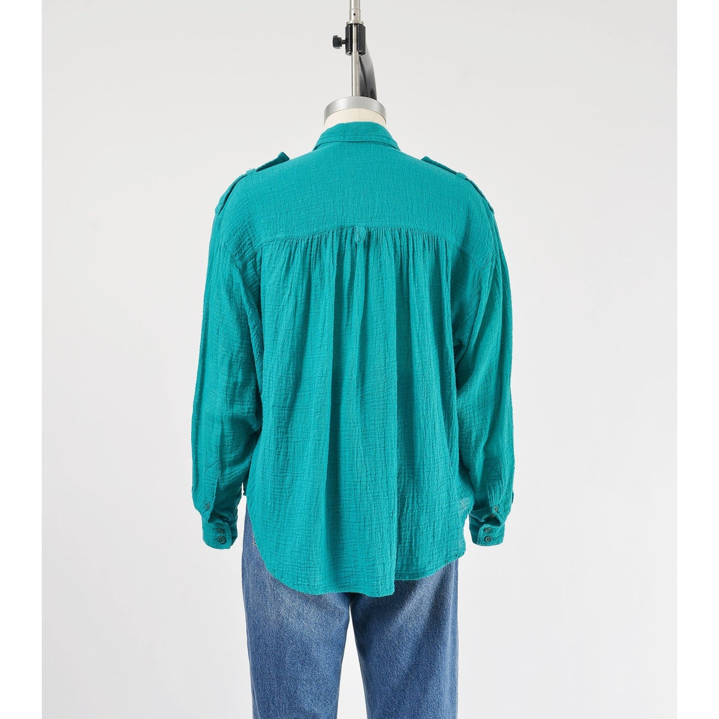 Vintage 90s Teal Cotton Gauze Blouse Collared Button Down Bohemian Shirt
