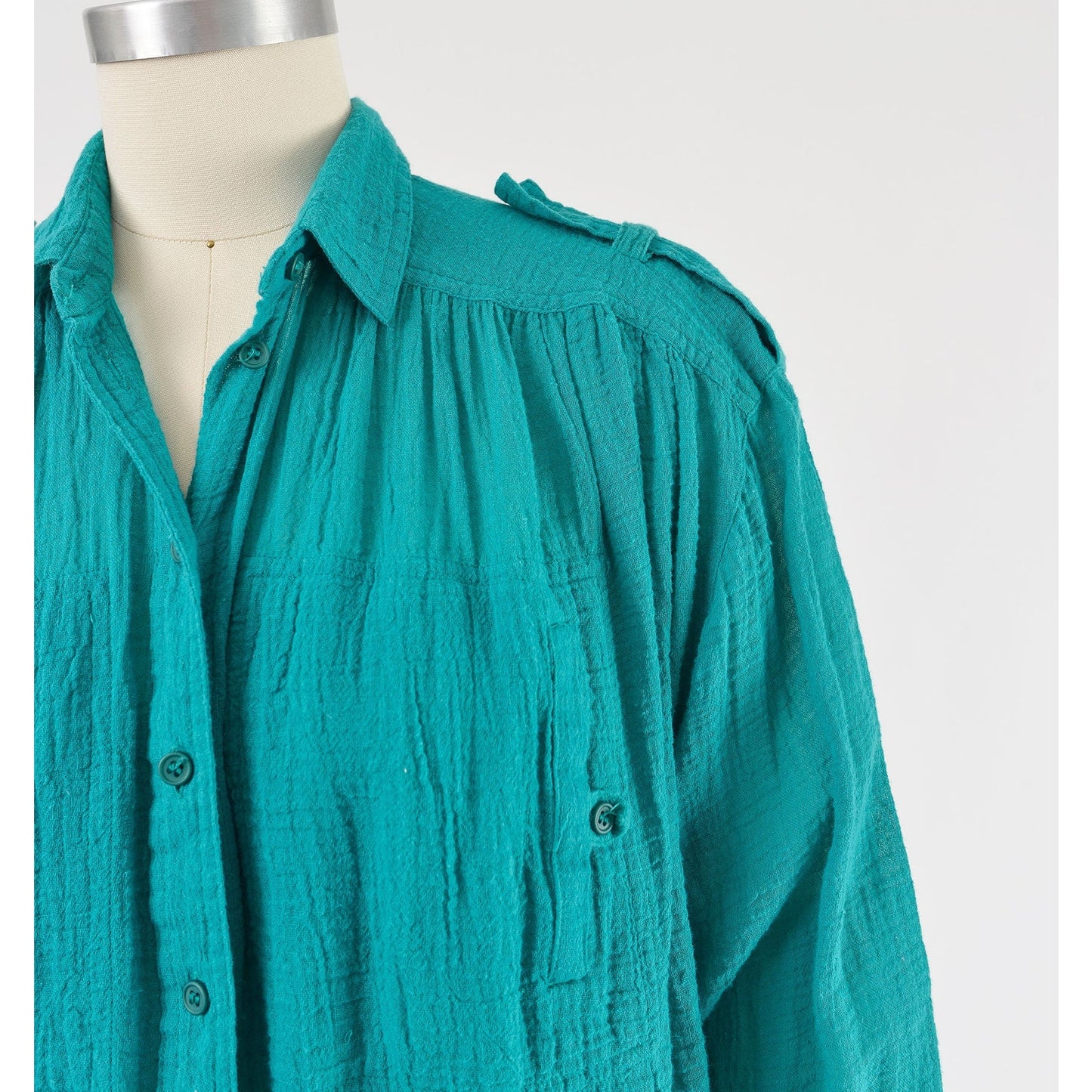 Vintage 90s Teal Cotton Gauze Blouse Collared Button Down Bohemian Shirt