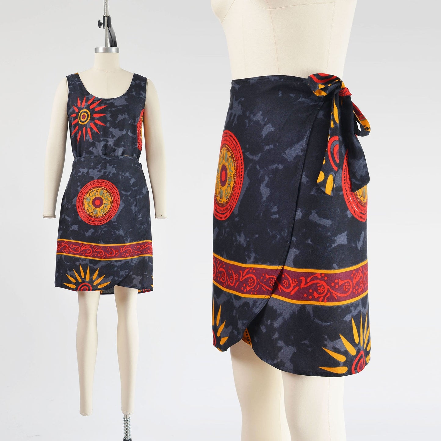 vintage 90s ethnic Thai tank top and wrap around skirt two piece set.