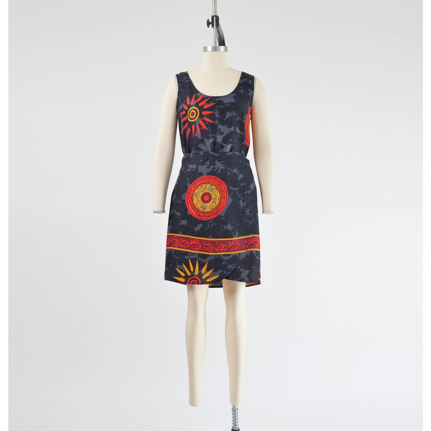 Full front view of vintage 90s ethnic Thai tank top and wrap around skirt two piece set.