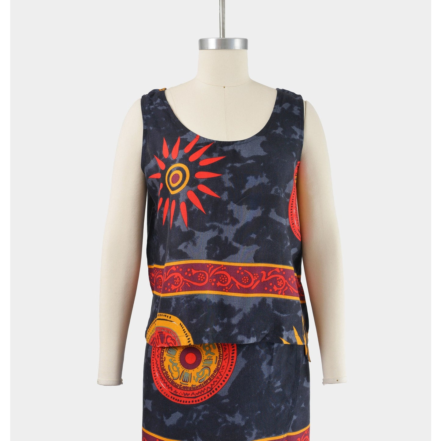 View of front of tank top on vintage 90s ethnic Thai tank top and wrap around skirt two piece set.
