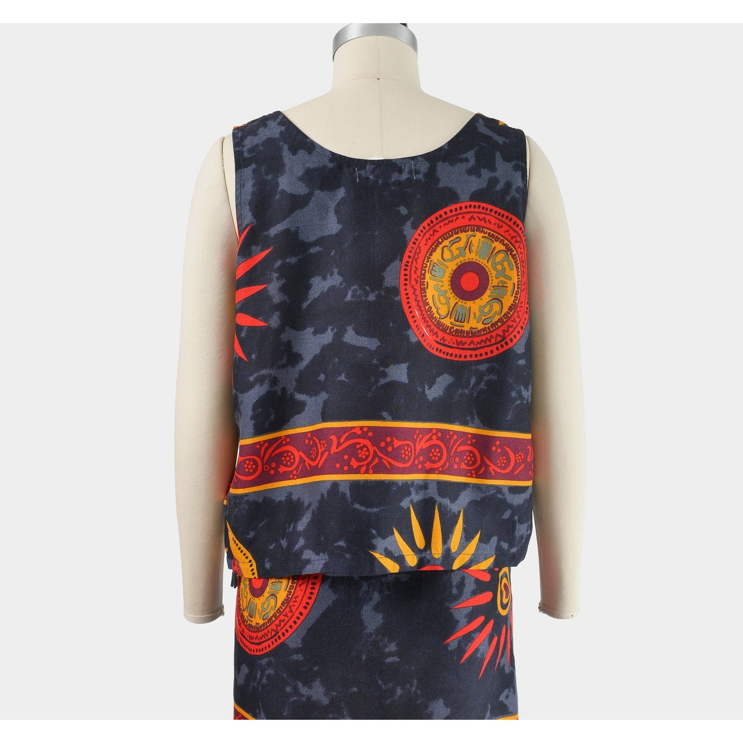 Back of tank top view on vintage 90s ethnic Thai tank top and wrap around skirt two piece set.
