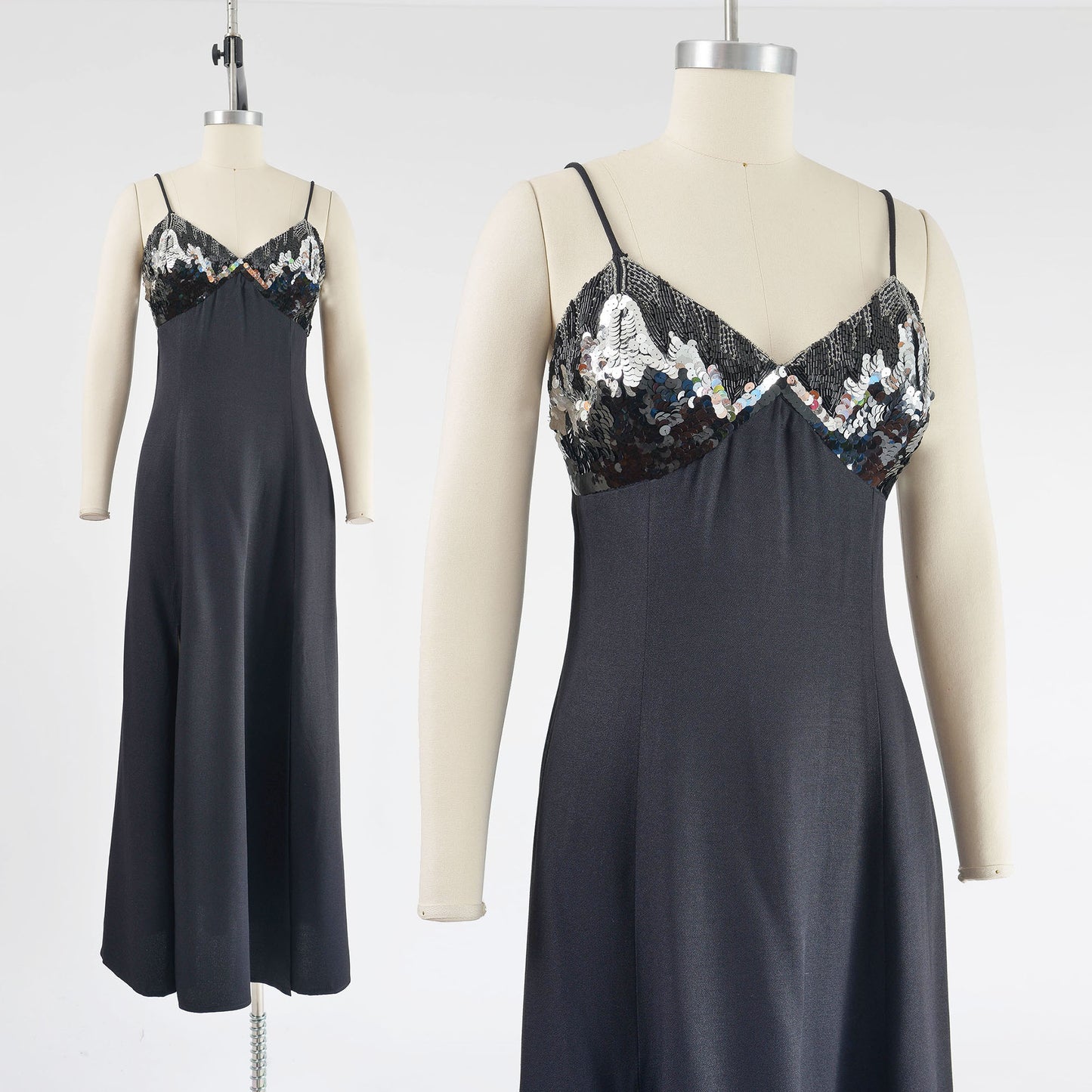 vintage 90s black beaded silver slip max dress.
