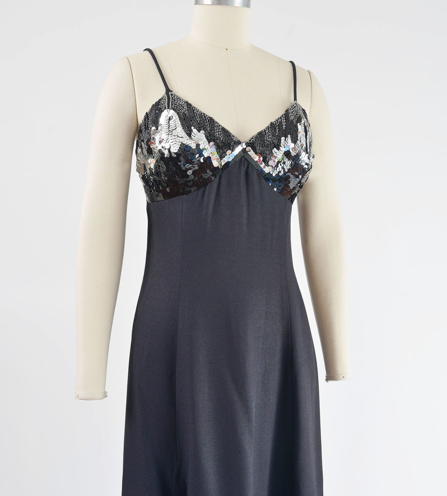 Vintage 90s Black Sequin Beaded Flowy A-line Formal Maxi Dress size M