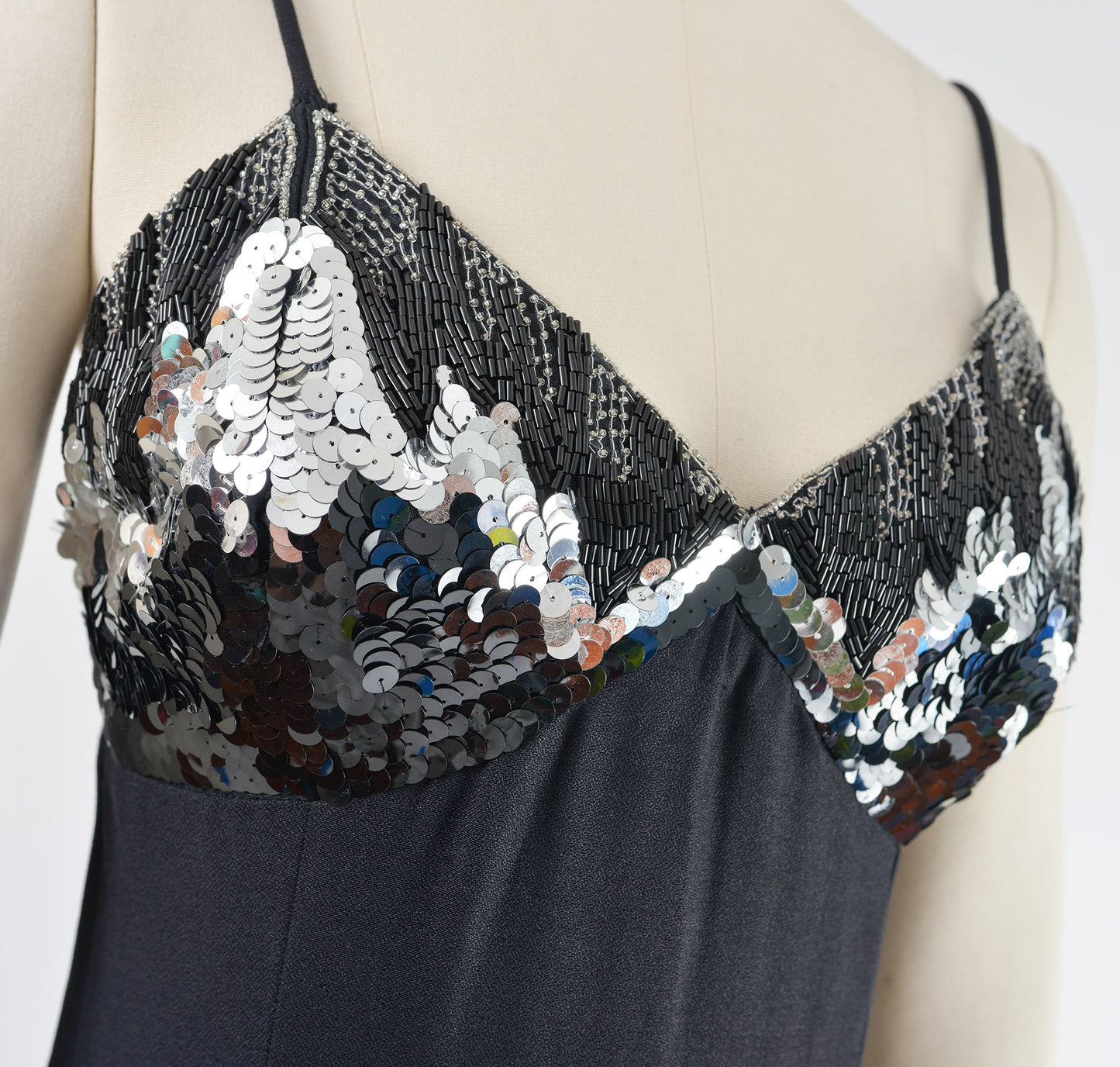 Vintage 90s Black Sequin Beaded Flowy A-line Formal Maxi Dress size M