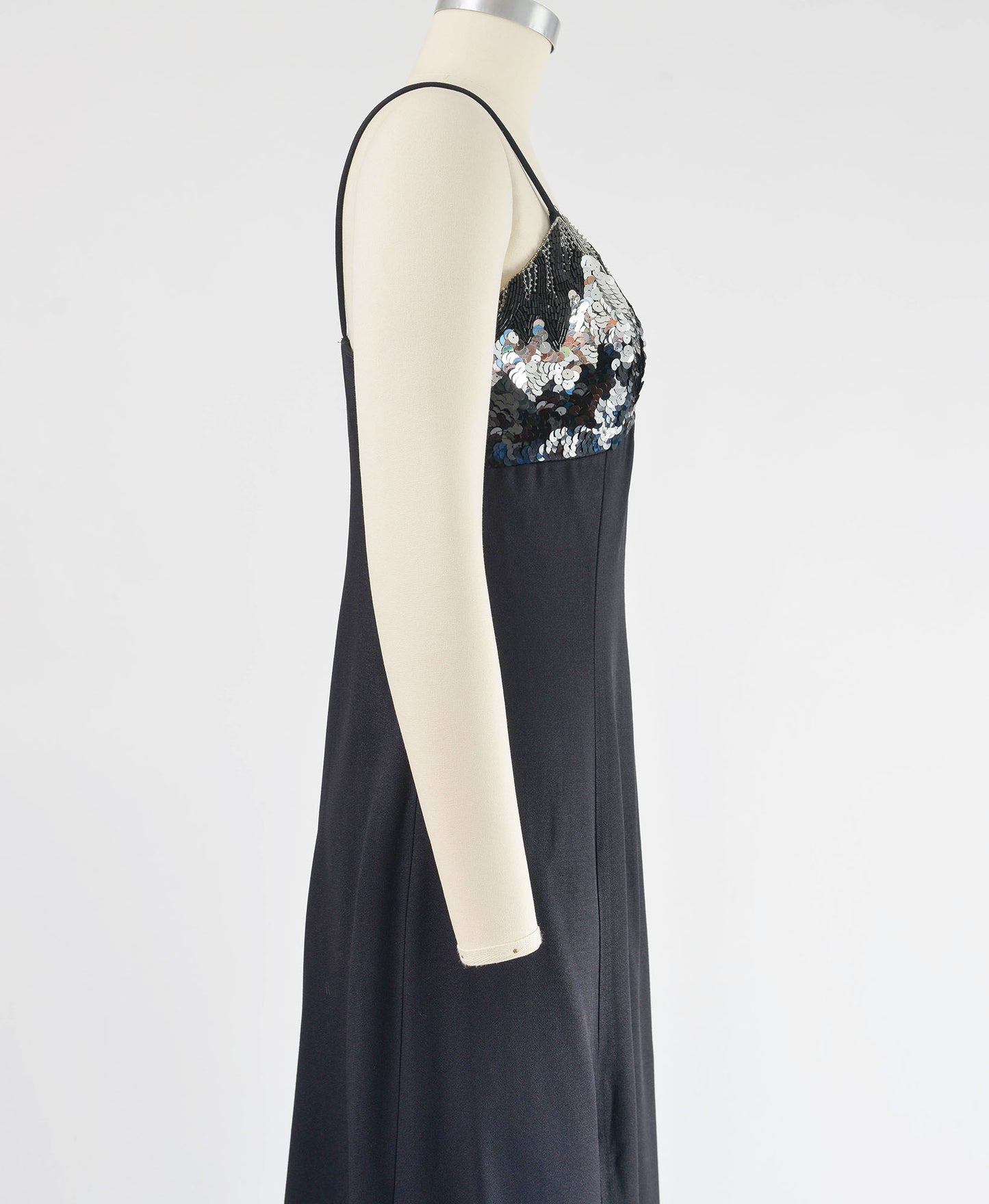Vintage 90s Black Sequin Beaded Flowy A-line Formal Maxi Dress size M