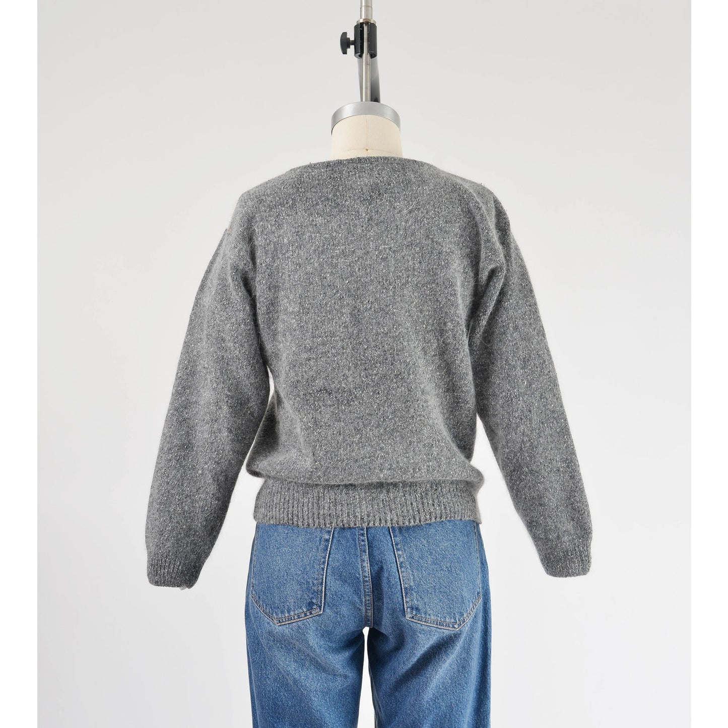 Vintage gray and black color block beaded leaf sweater. Silk, angora, and lambswool knit.