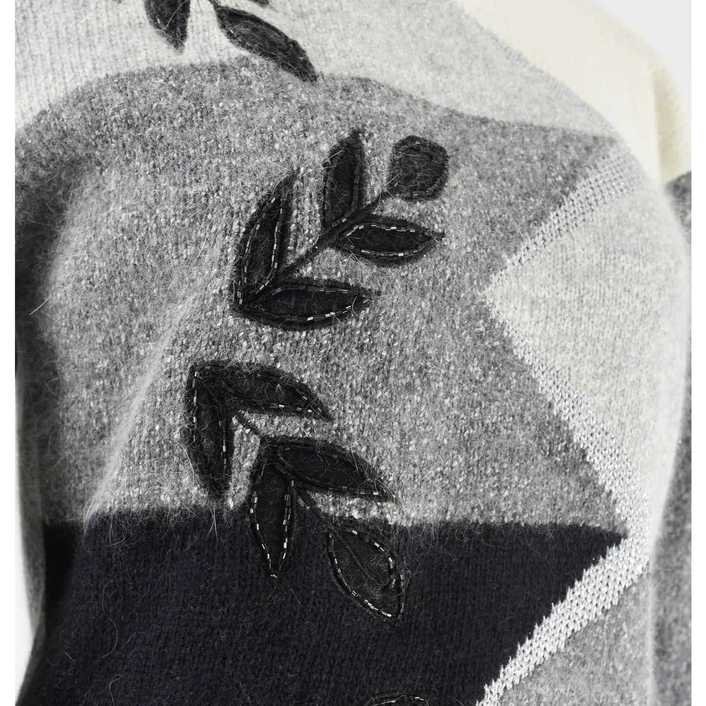 Vintage gray and black color block beaded leaf sweater. Silk, angora, and lambswool knit.
