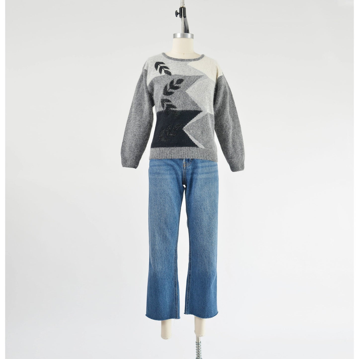 Vintage gray and black color block beaded leaf sweater. Silk, angora, and lambswool knit.