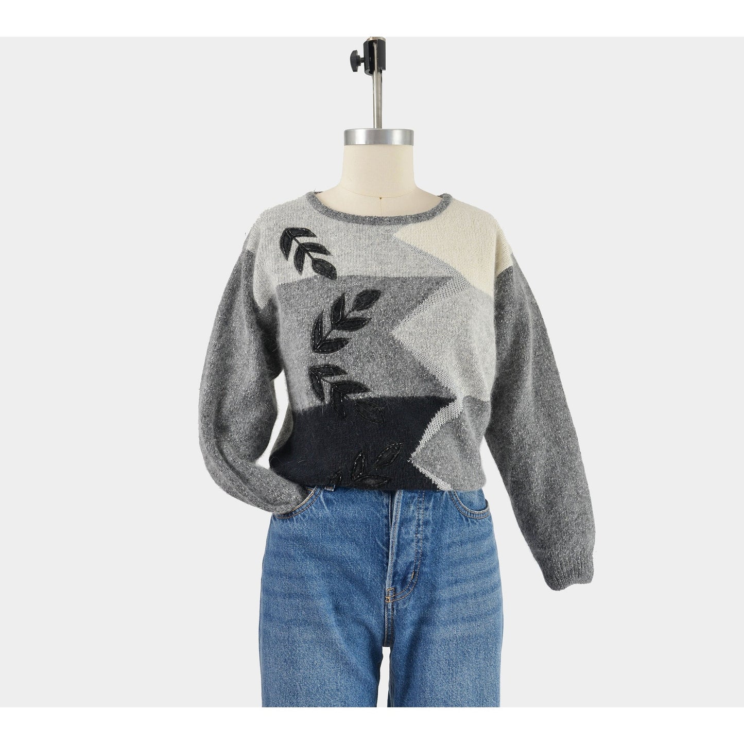 Vintage gray and black color block beaded leaf sweater. Silk, angora, and lambswool knit.
