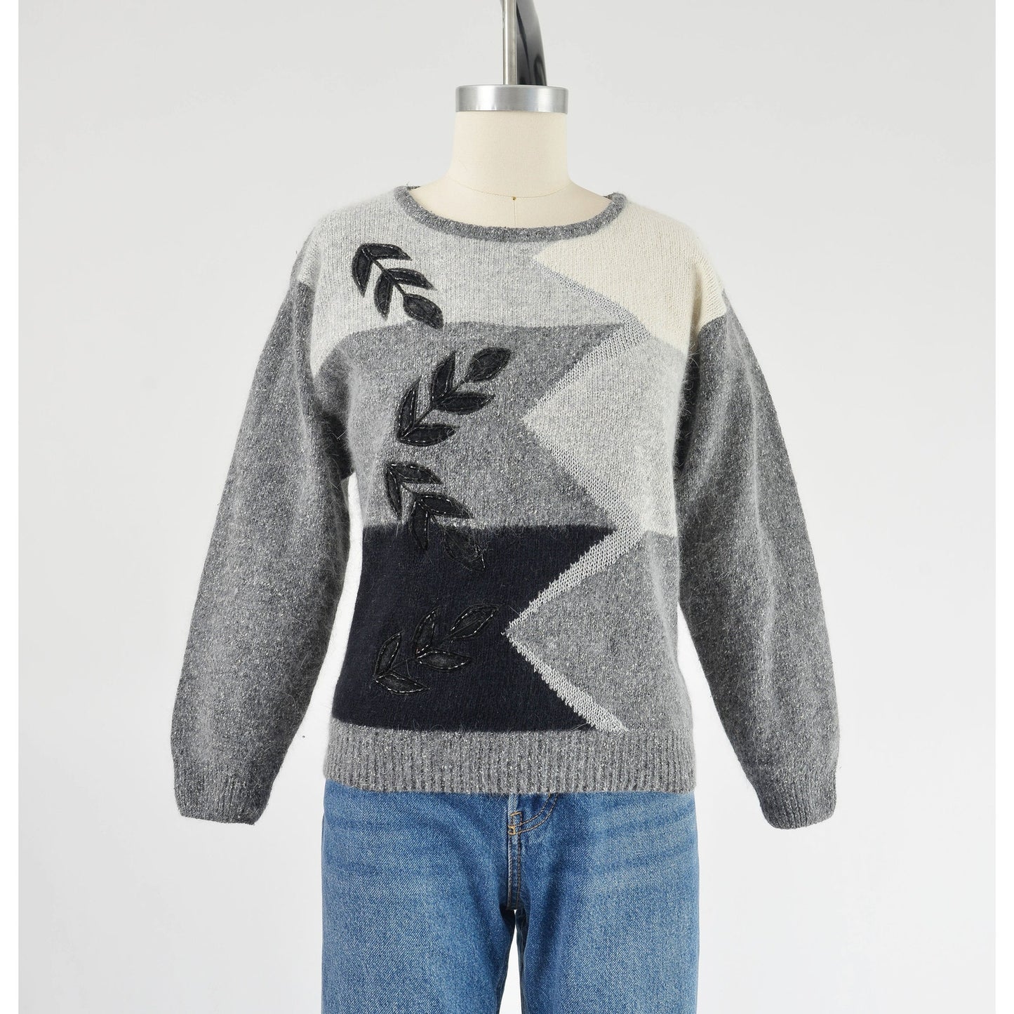 Vintage gray and black color block beaded leaf sweater. Silk, angora, and lambswool knit.