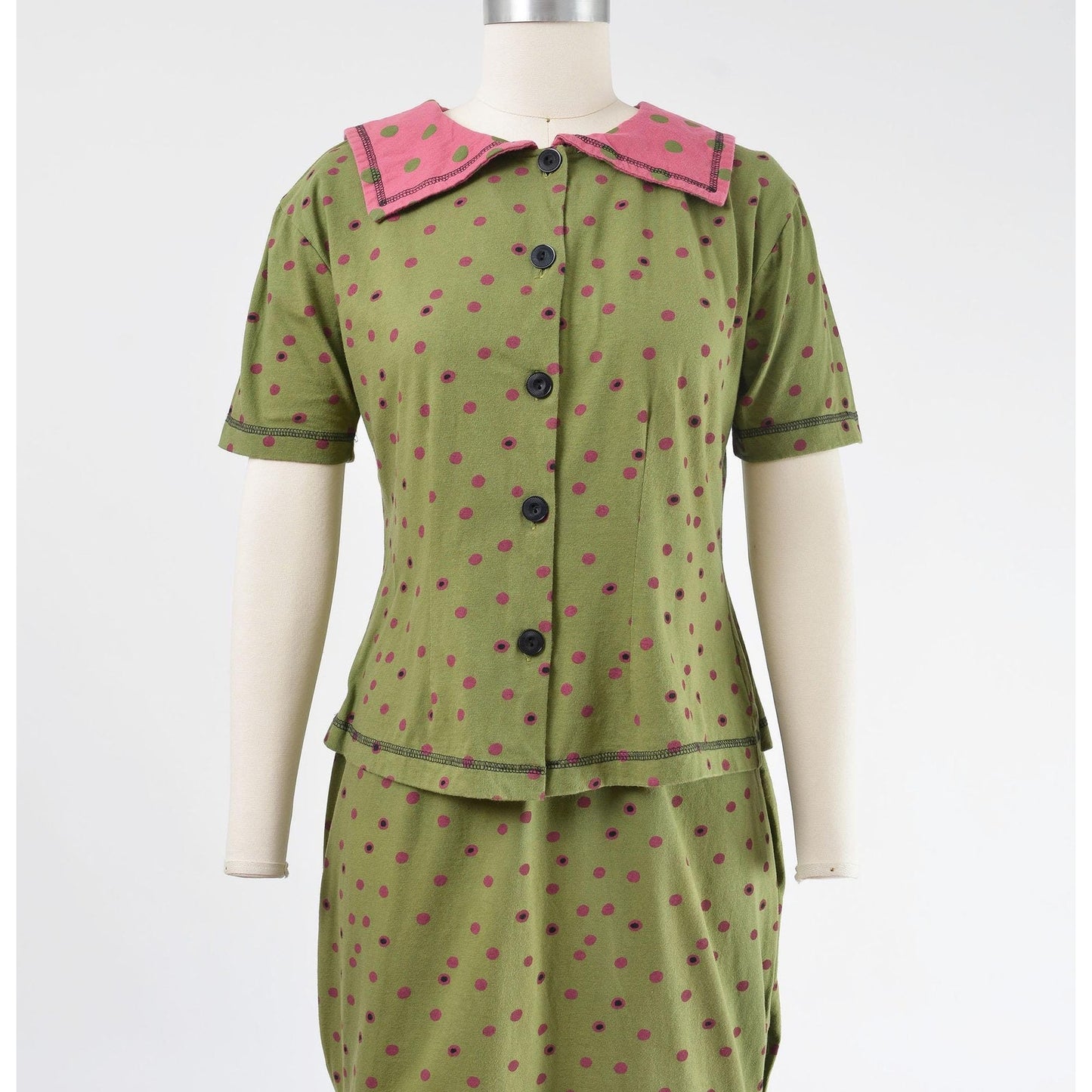 Vintage 1990s green polka dot sailor collar top and pencil skirt set.