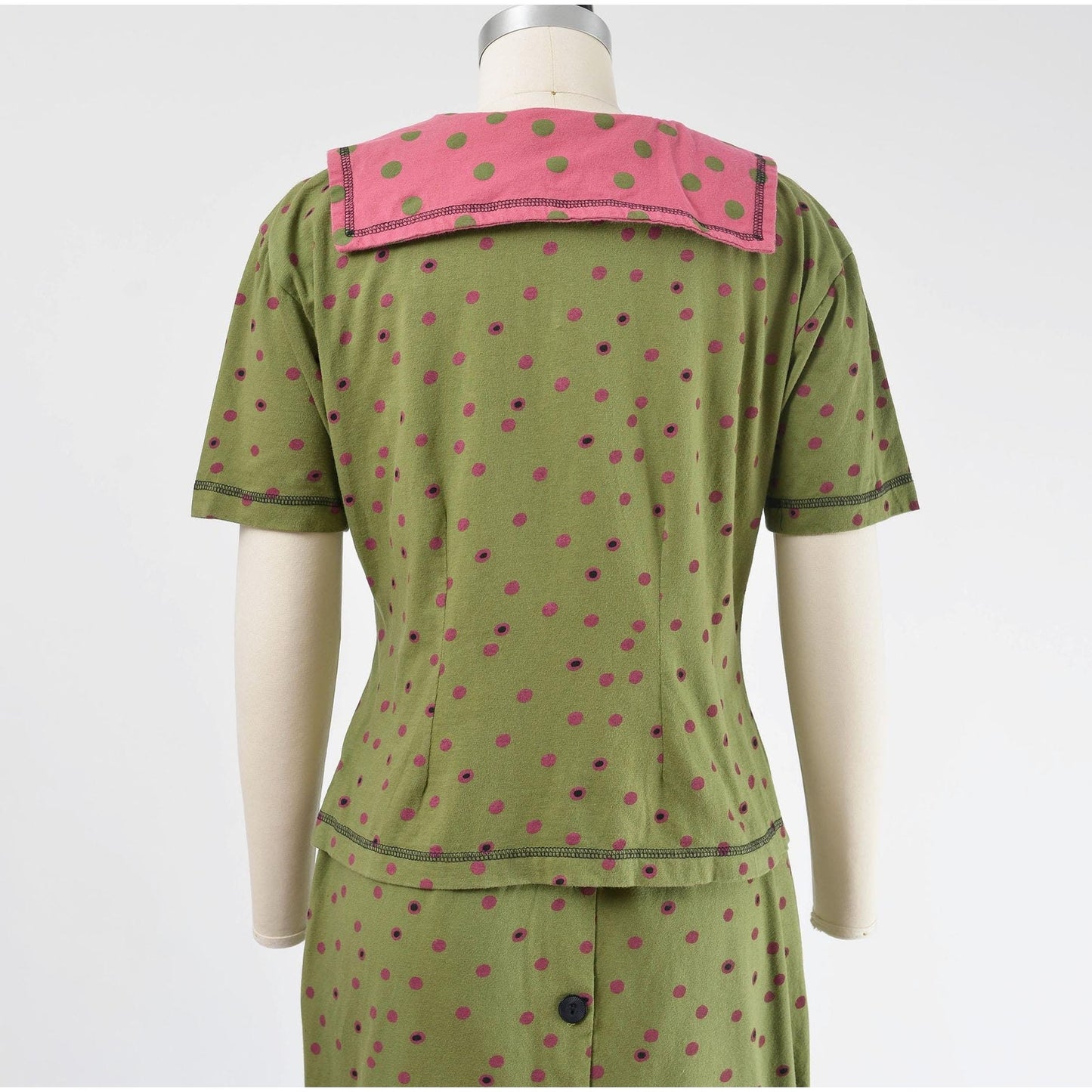 Vintage 1990s green polka dot sailor collar top and pencil skirt set.