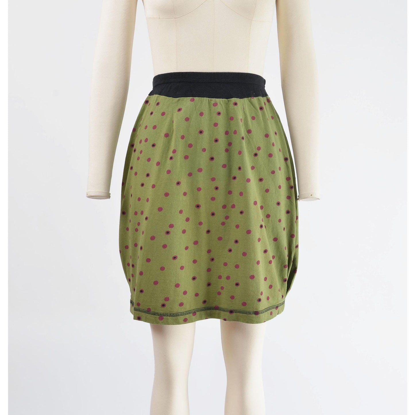 Skirt view of vintage 1990s green polka dot sailor collar top and pencil skirt set.
