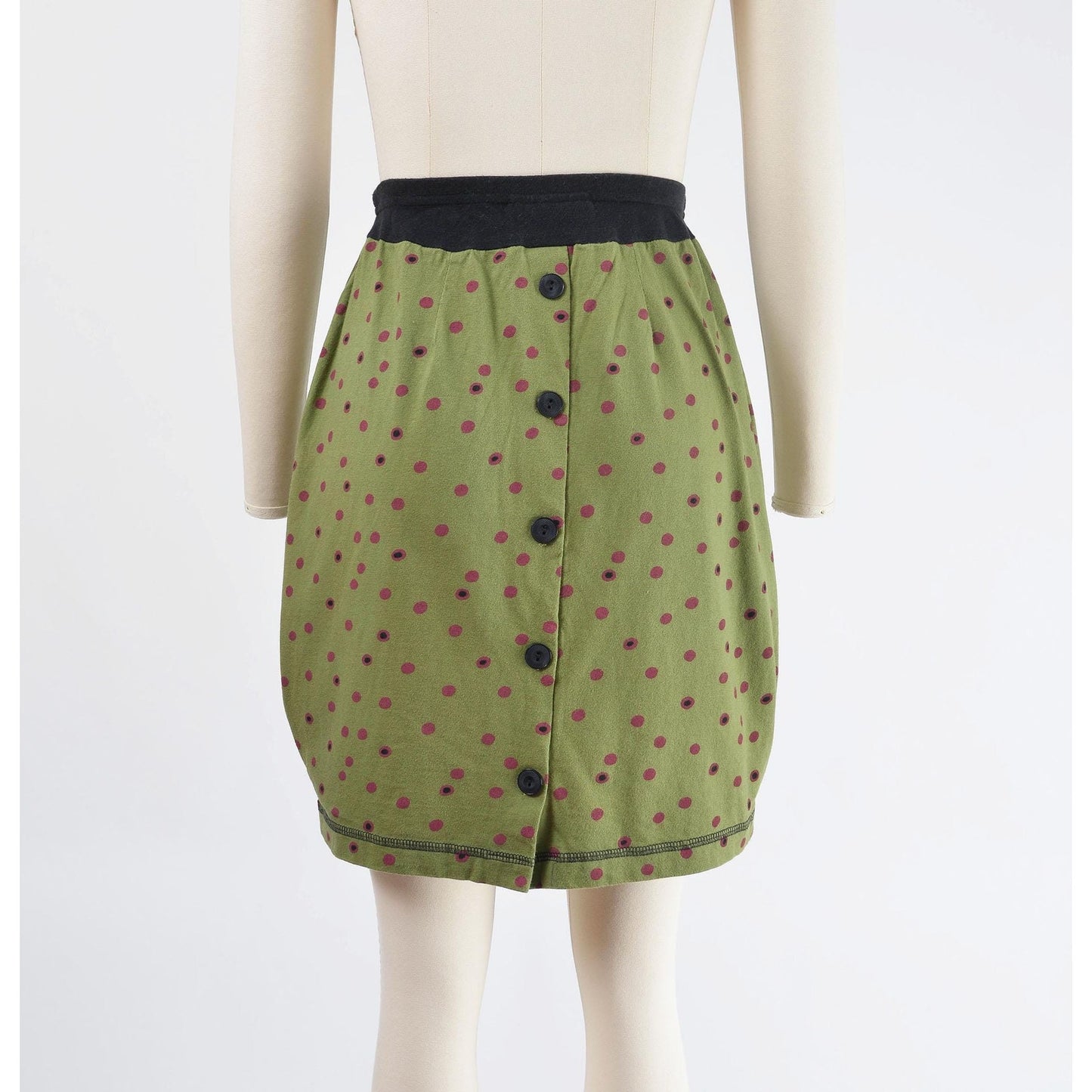 Back of skirt on Vintage 1990s green polka dot sailor collar top and pencil skirt set.