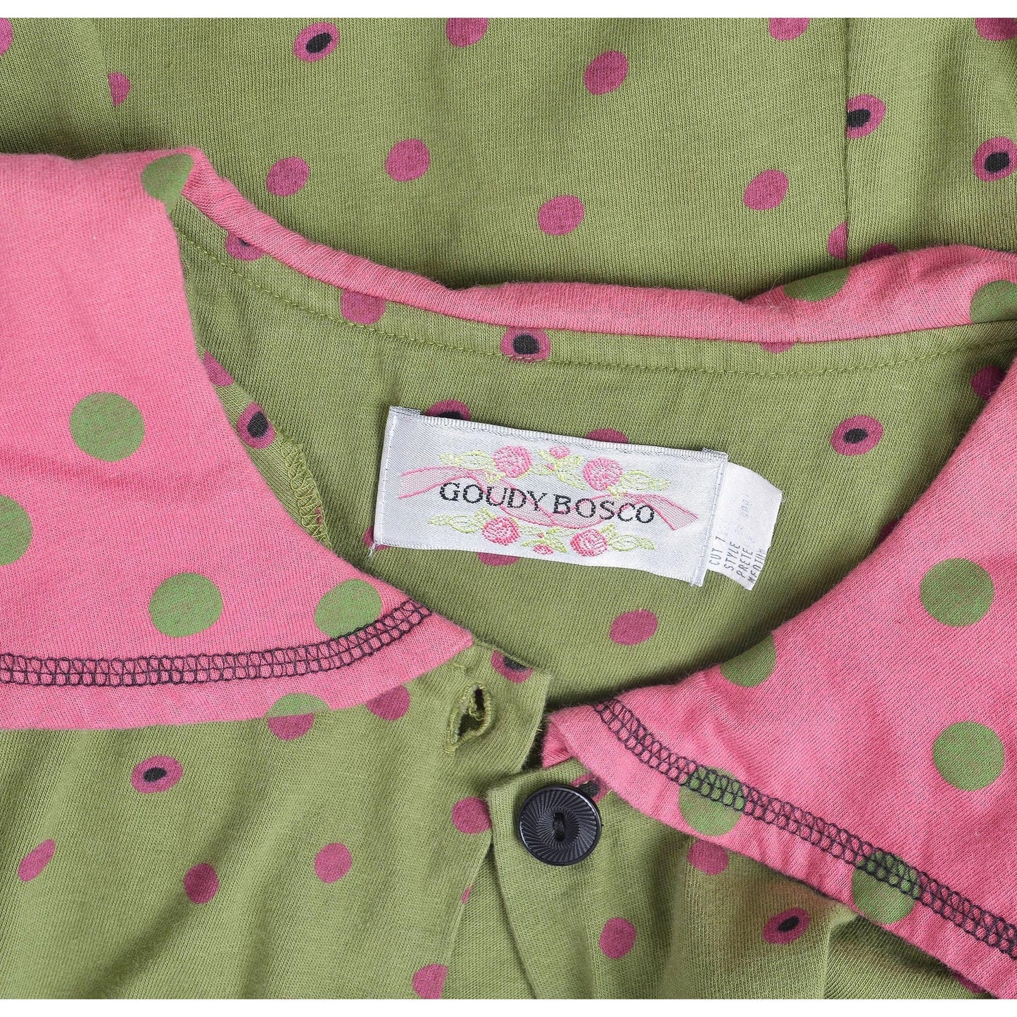 View of label on Vintage 1990s green polka dot sailor collar top and pencil skirt set.