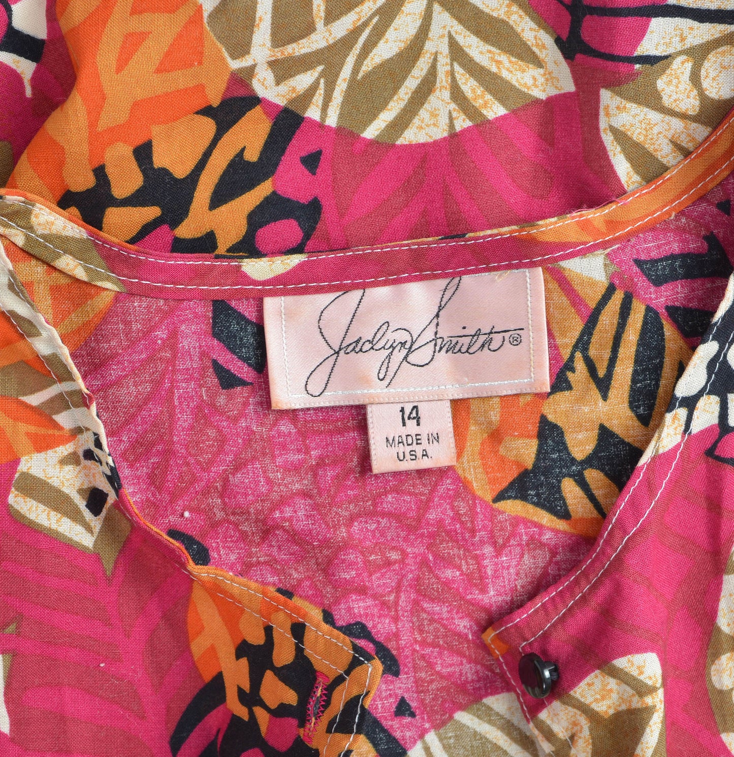 vintage 90s pink leaf print cotton tie waist shirt. Label view.