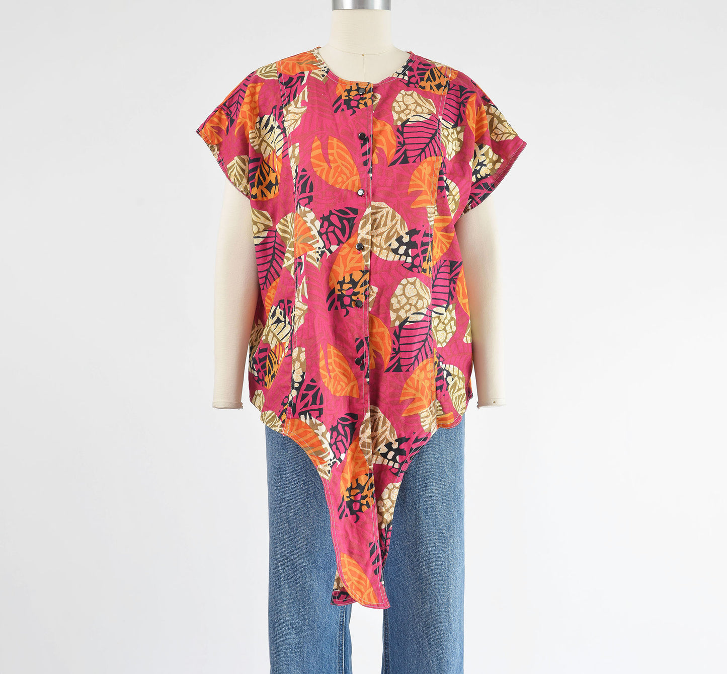 vintage 90s pink leaf print cotton tie waist shirt.