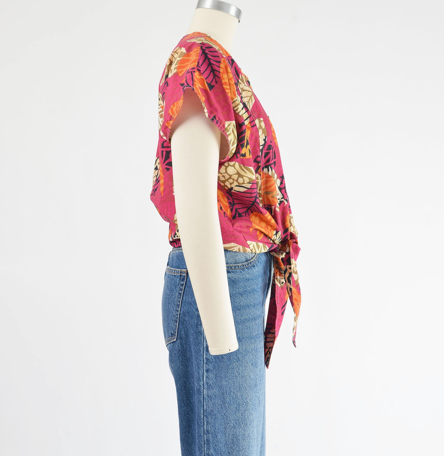 vintage 90s pink leaf print cotton tie waist shirt.