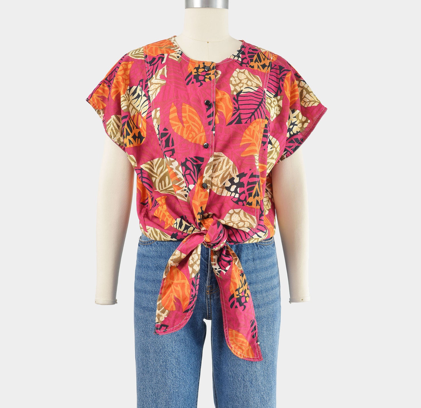 vintage 90s pink leaf print cotton tie waist shirt.