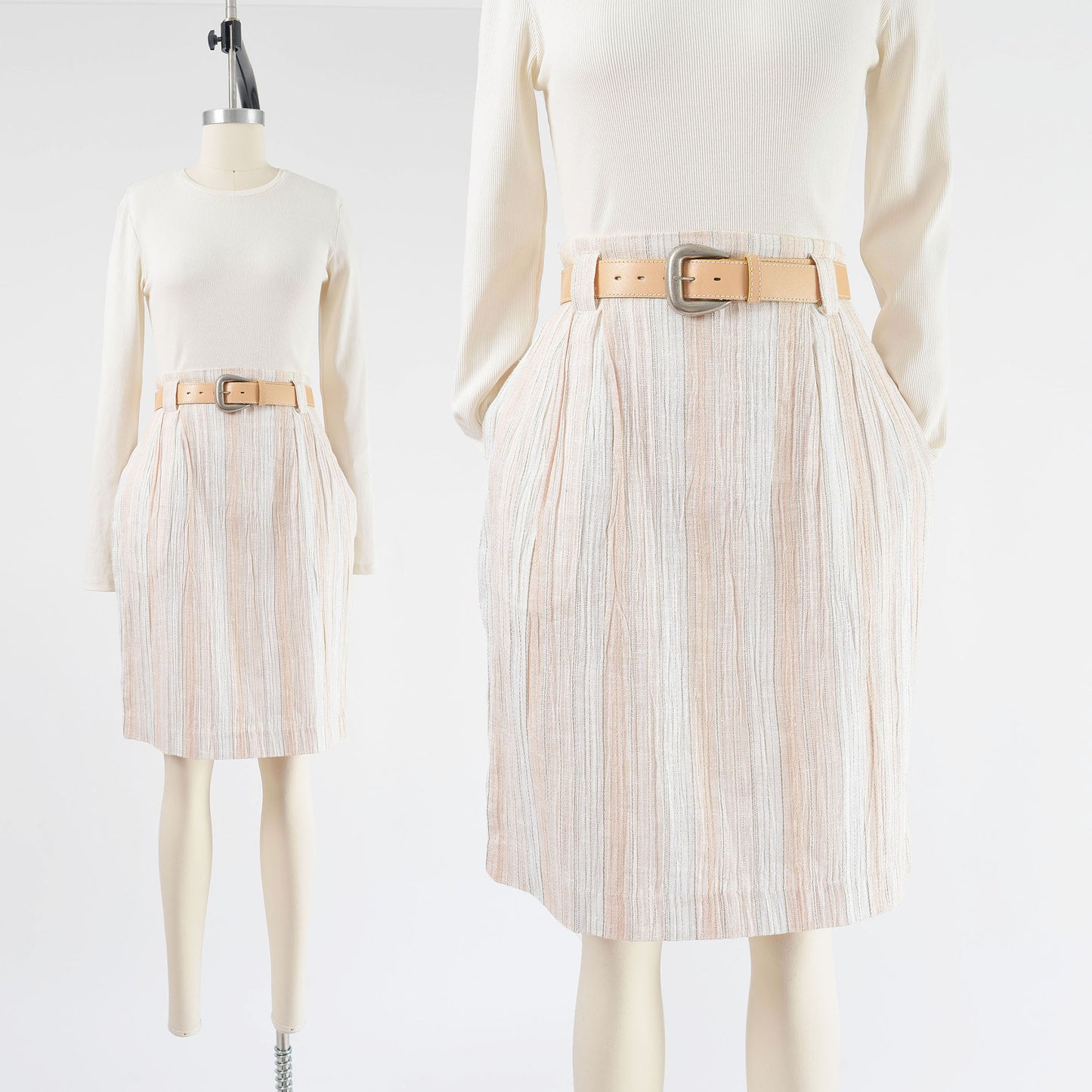 Vintage 1990s white striped pencil skirt with belt.